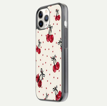 Cherry Heart Bow Glass Case for iPhone 11 Pro side-angle image capturing gloss texture and charm bow art