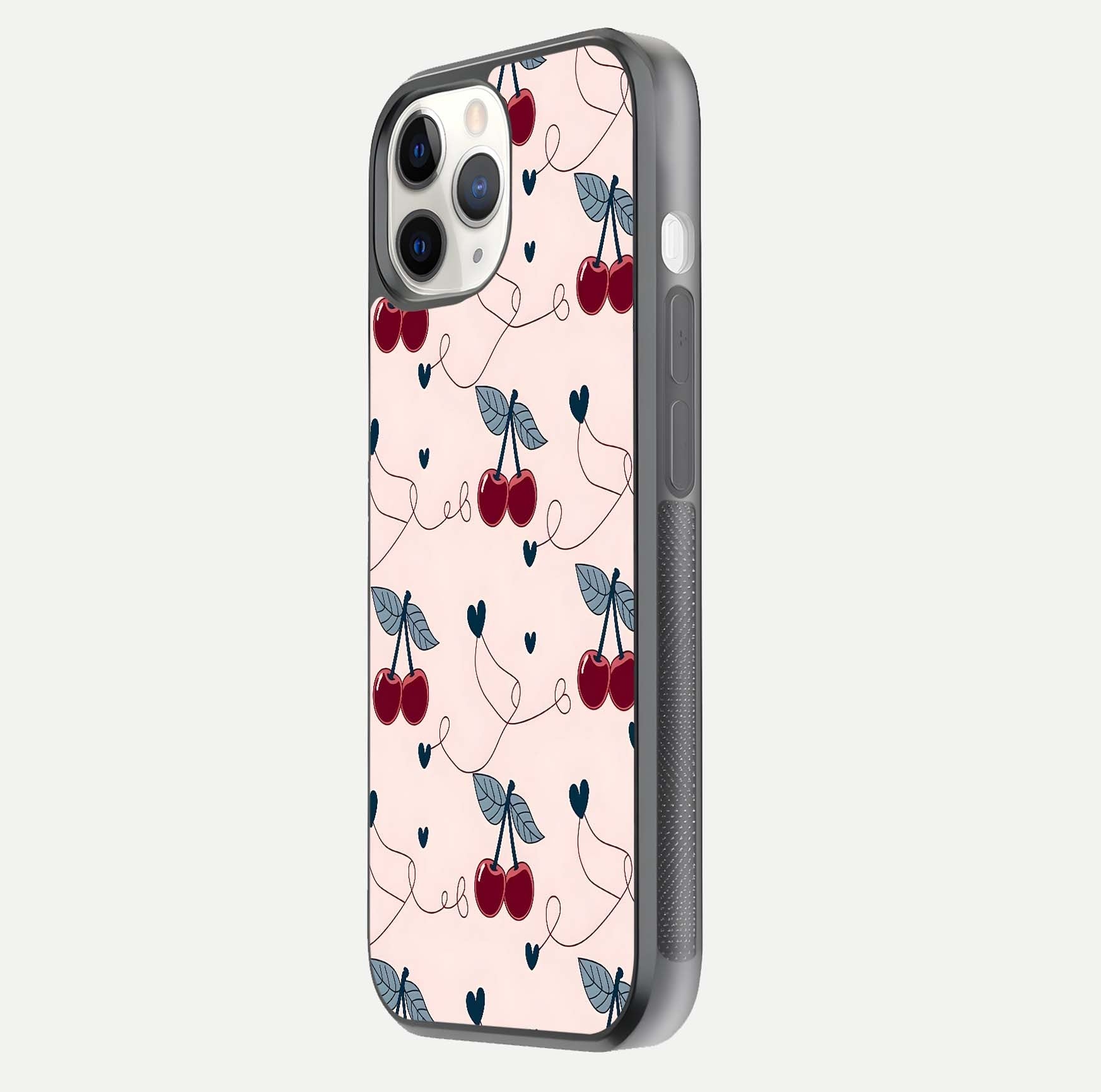 Cherry Heart Line Glass Case for iPhone 11 Pro side-angle view capturing smooth curves and shine effect
