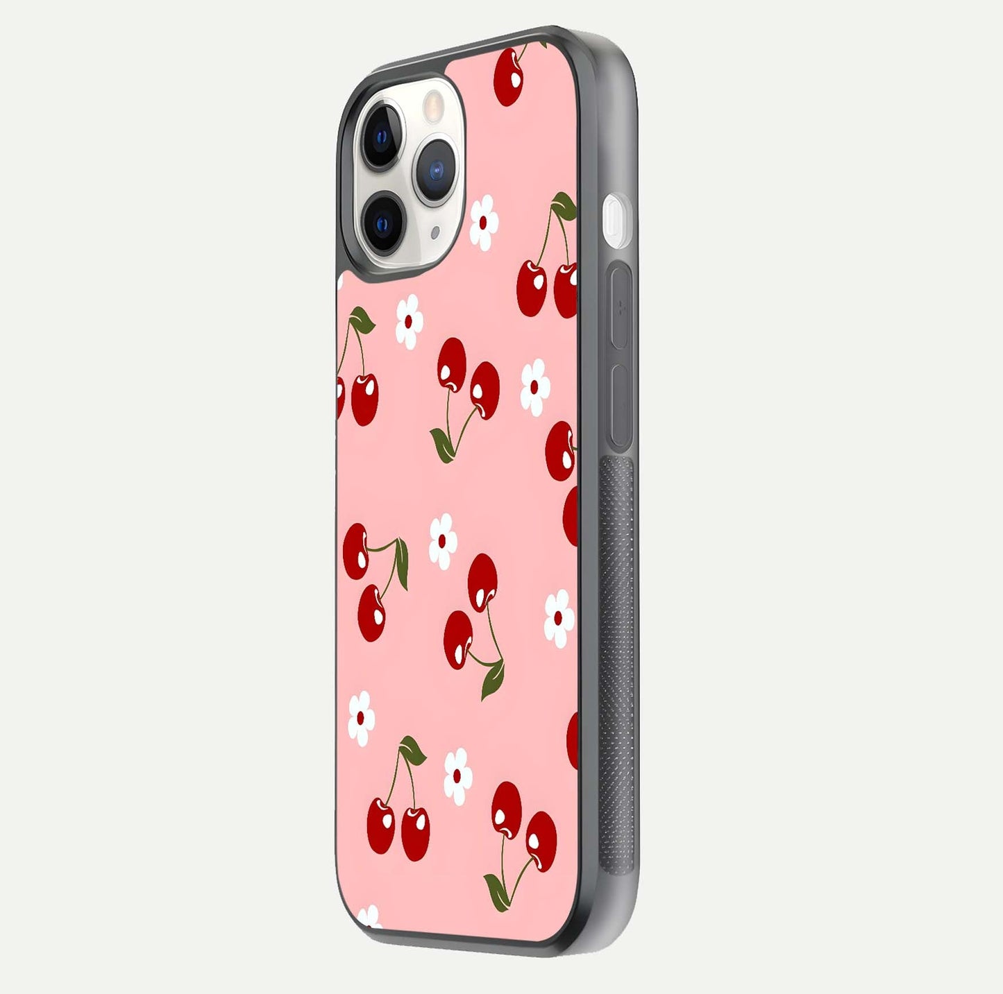 Cherry Love Mood Glass Case for iPhone 11 Pro side-angle image capturing smooth gloss and delicate details