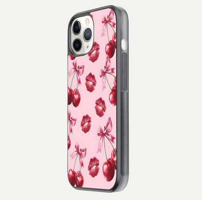 Cherry With Lips Glass Case for iPhone 11 Pro side-angle image showing gloss reflection and fine details