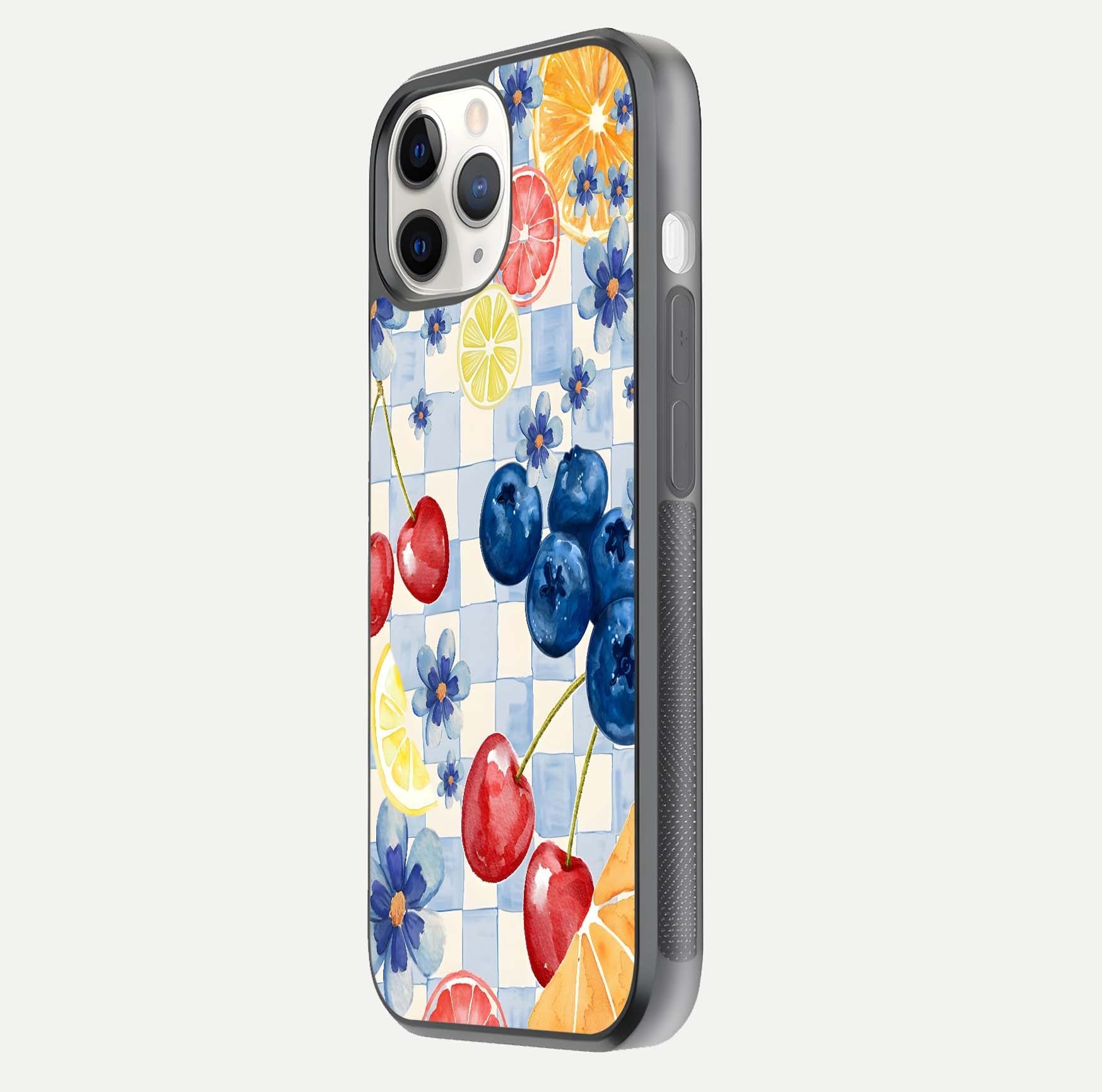 Citrus Bloom Joy Glass Case for iPhone 11 Pro side-angle photo capturing bright color and glass reflection