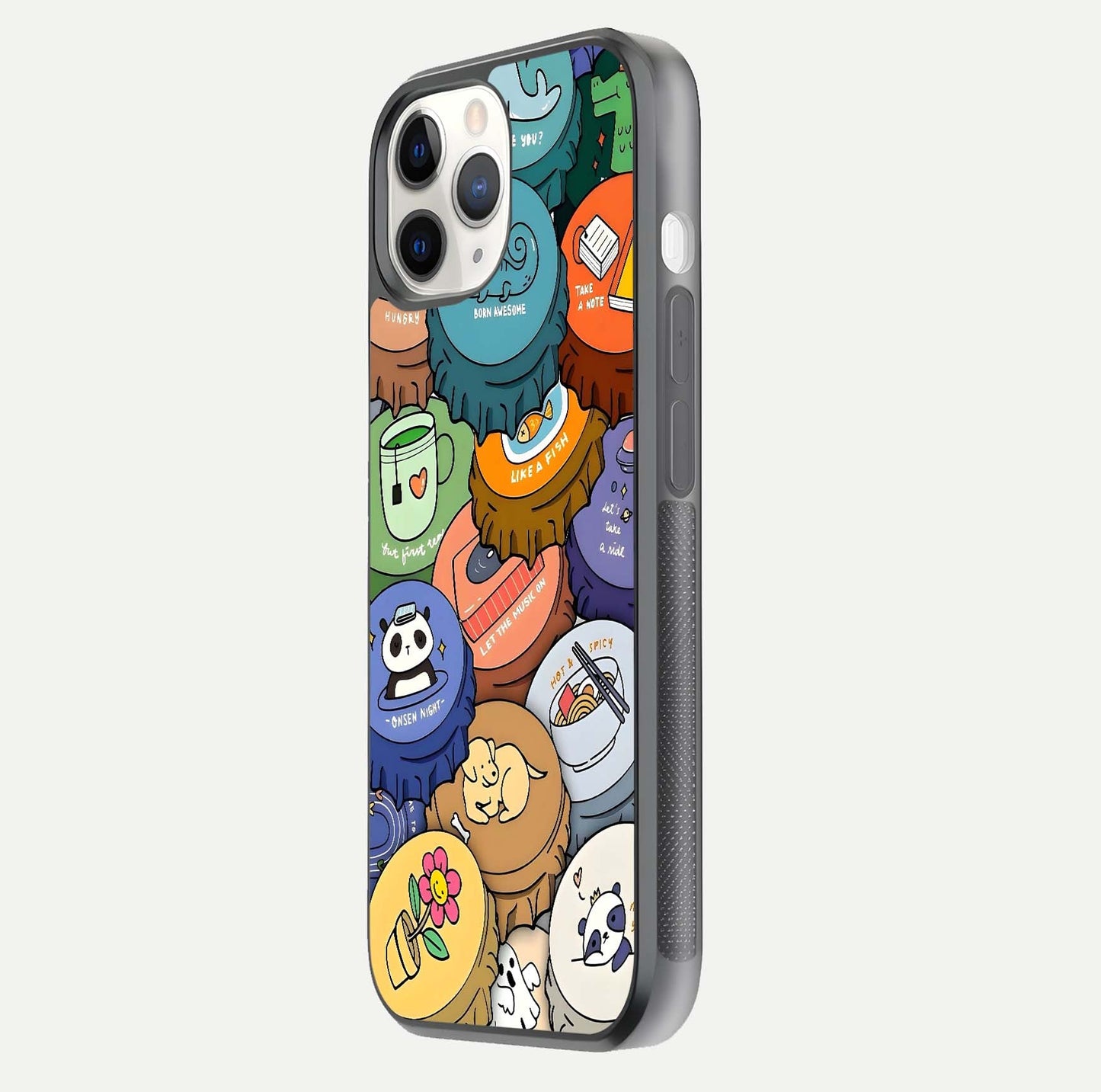 Coins Patterns Glass Case for iPhone 11 Pro side-angle photo capturing shine finish and curve glow