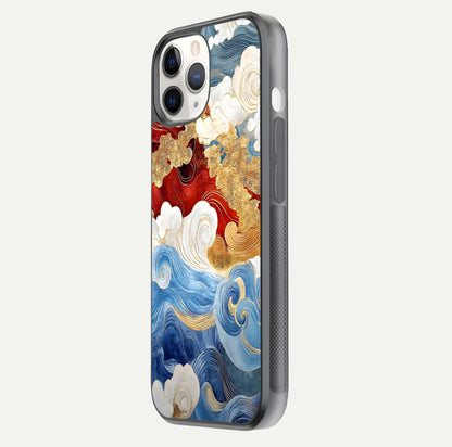 Colored Waves Glass Case for iPhone 11 Pro side-angle image showing light reflection, edge design, and shine