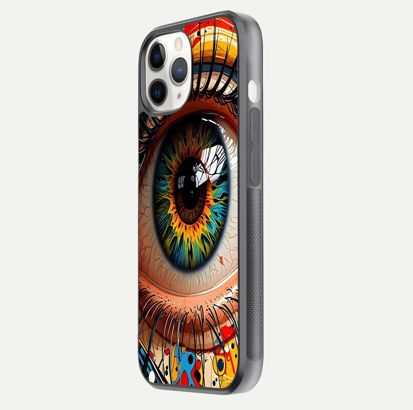 Colorful Eye Glass Case for iPhone 11 Pro side-angle photo showing reflective surface and design detail