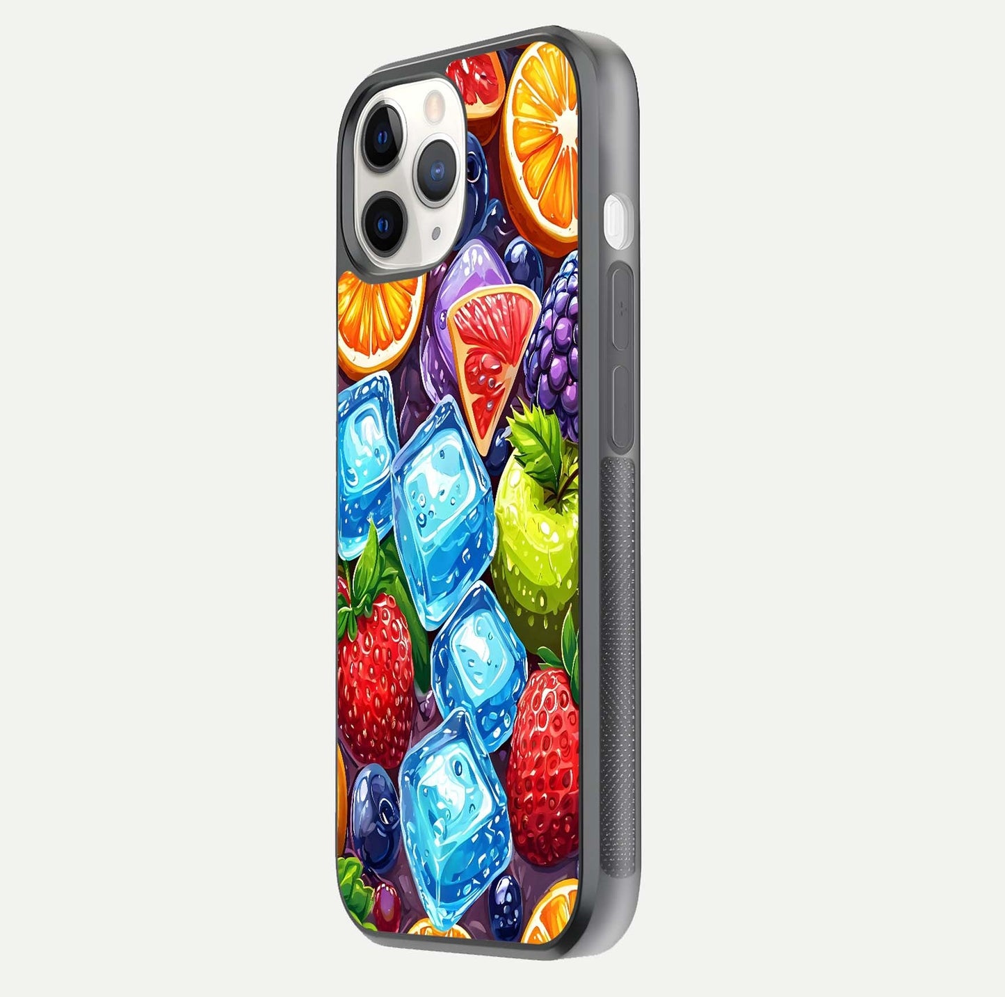 Colorful Fruits with Ice Glass Case for iPhone 11 Pro side-angle photo showing curve gloss and vivid tones