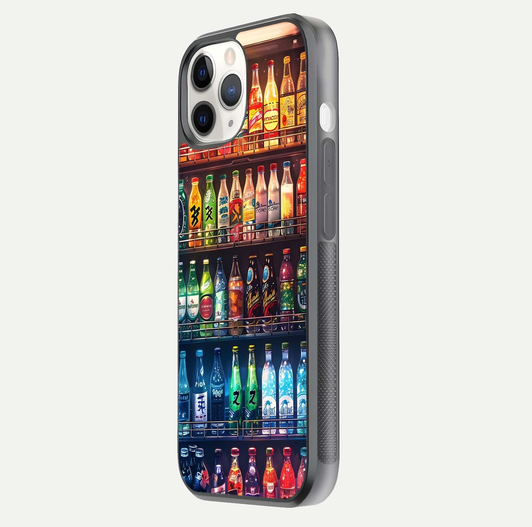 Colorful Soda Bottles Glass Case for iPhone 11 Pro side-angle photo showing polish shine and texture depth