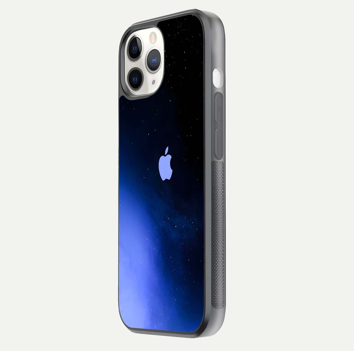 Cosmic Blue Apple Glass Case for iPhone 11 Pro side-angle image showing curve polish and star detail