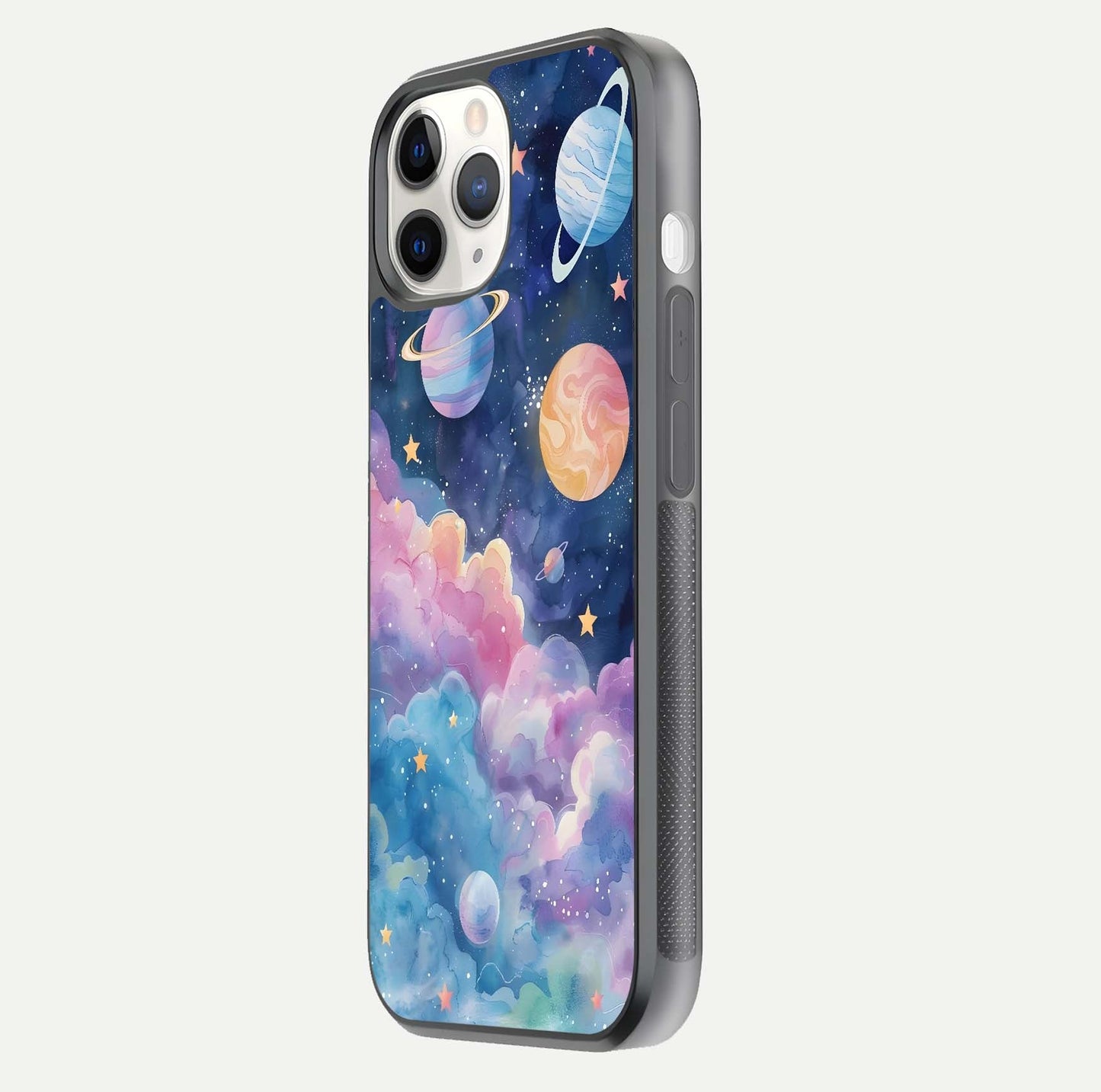 Cosmic Planet Dreams Glass Case for iPhone 11 Pro side-angle image showing texture clarity and shine