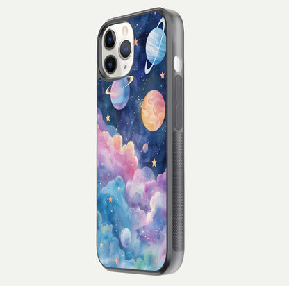 Cosmic Planet Dreams Glass Case for iPhone 11 Pro side-angle image showing texture clarity and shine