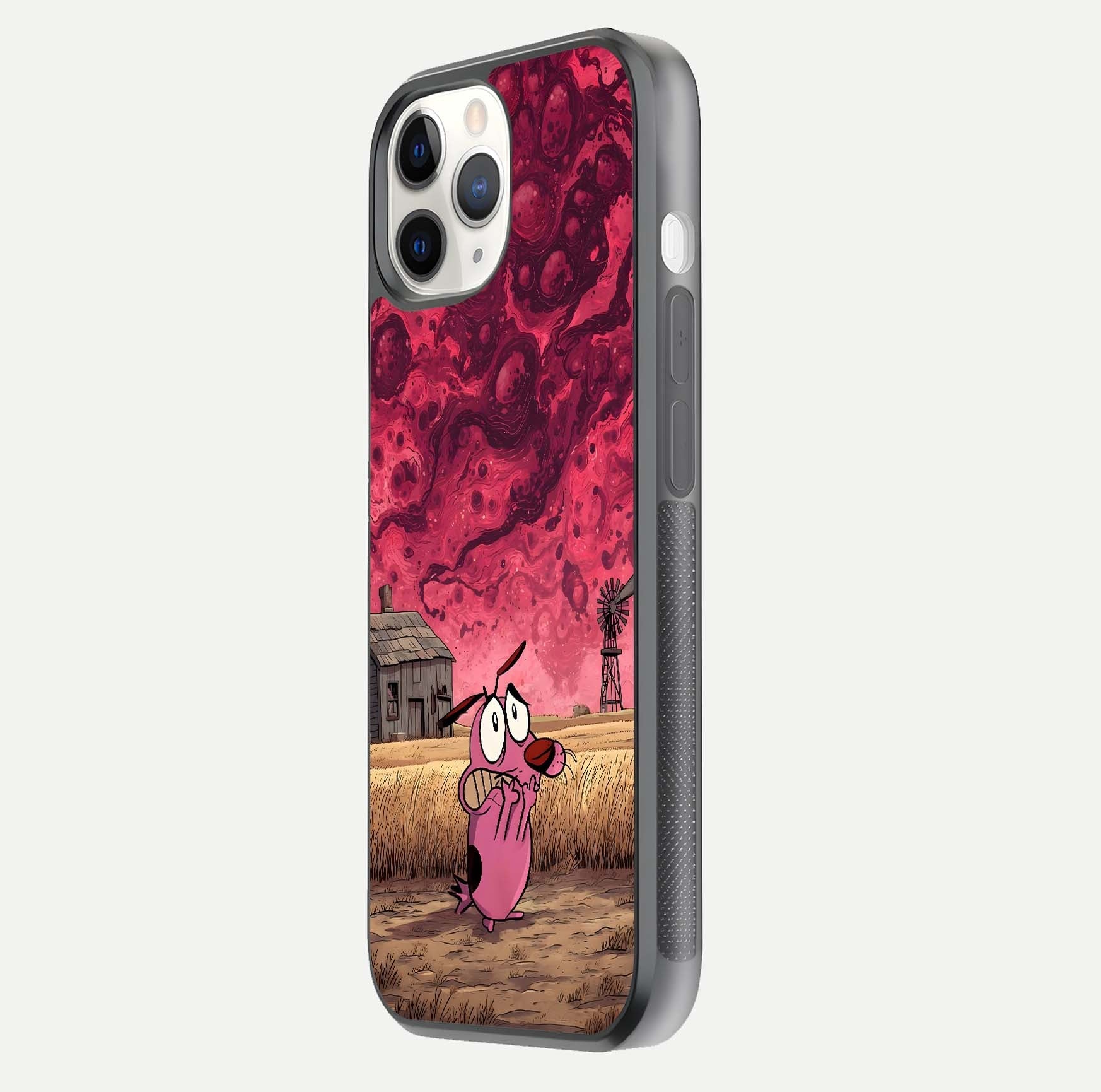 Courage Under Sky Glass Case for iPhone 11 Pro side-angle photo showing gloss tone and curve highlight