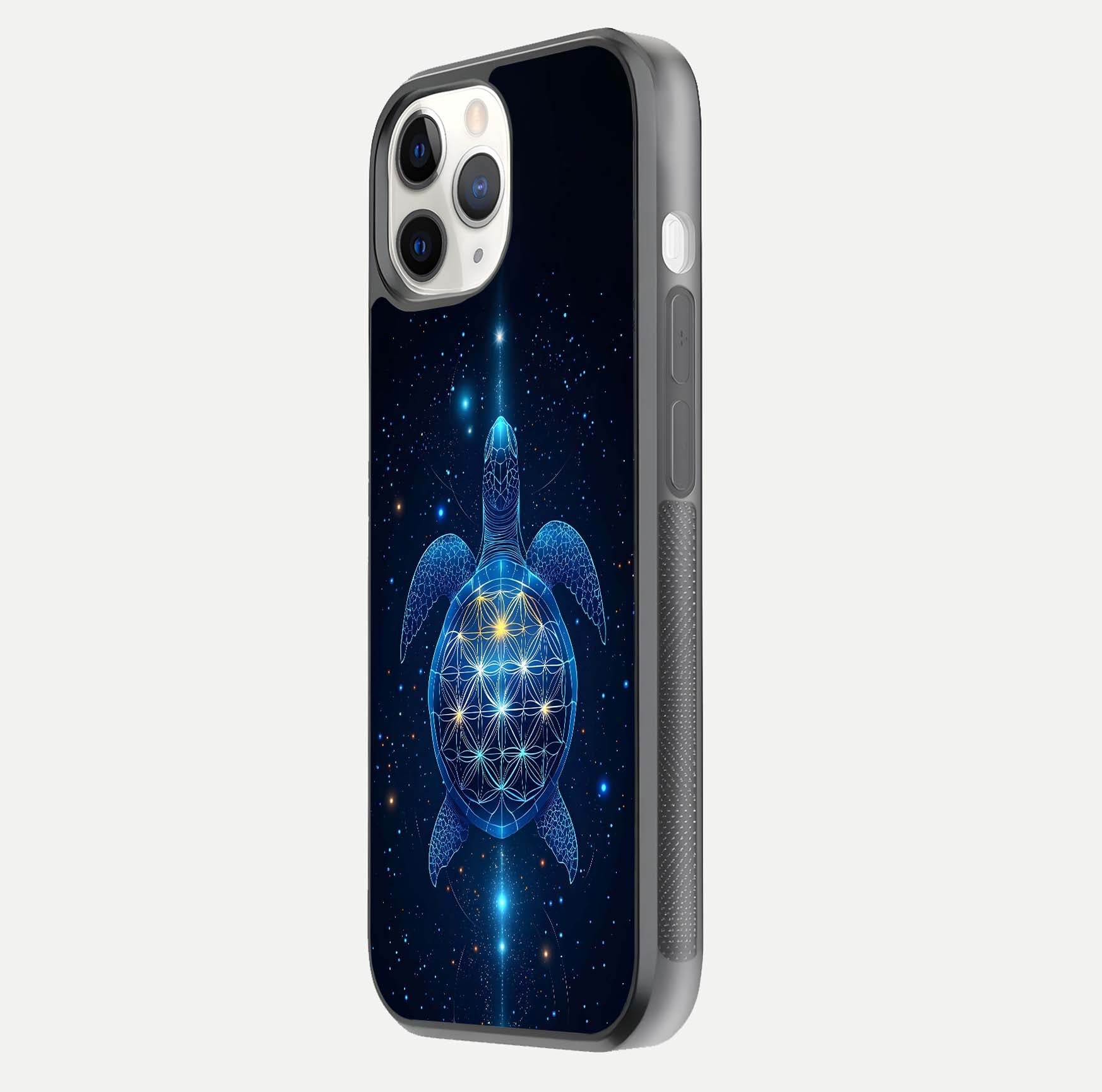 Crimson Blue Turtle Glass Case for iPhone 11 Pro side-angle photo showing curved edge and glass gloss