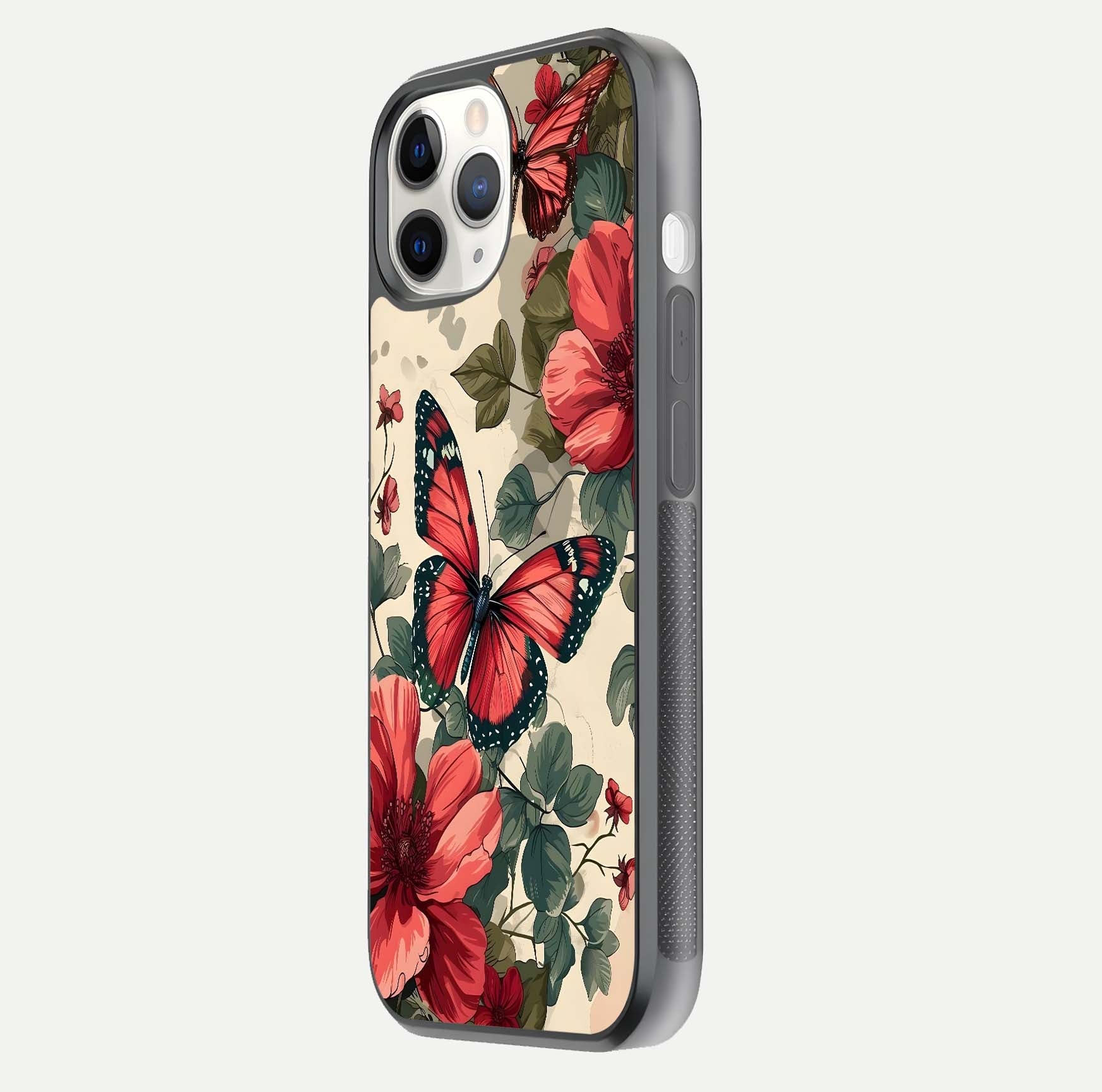 Crimson Butterfly Garden Glass Case for iPhone 11 Pro side-angle photo capturing gloss texture and soft tone