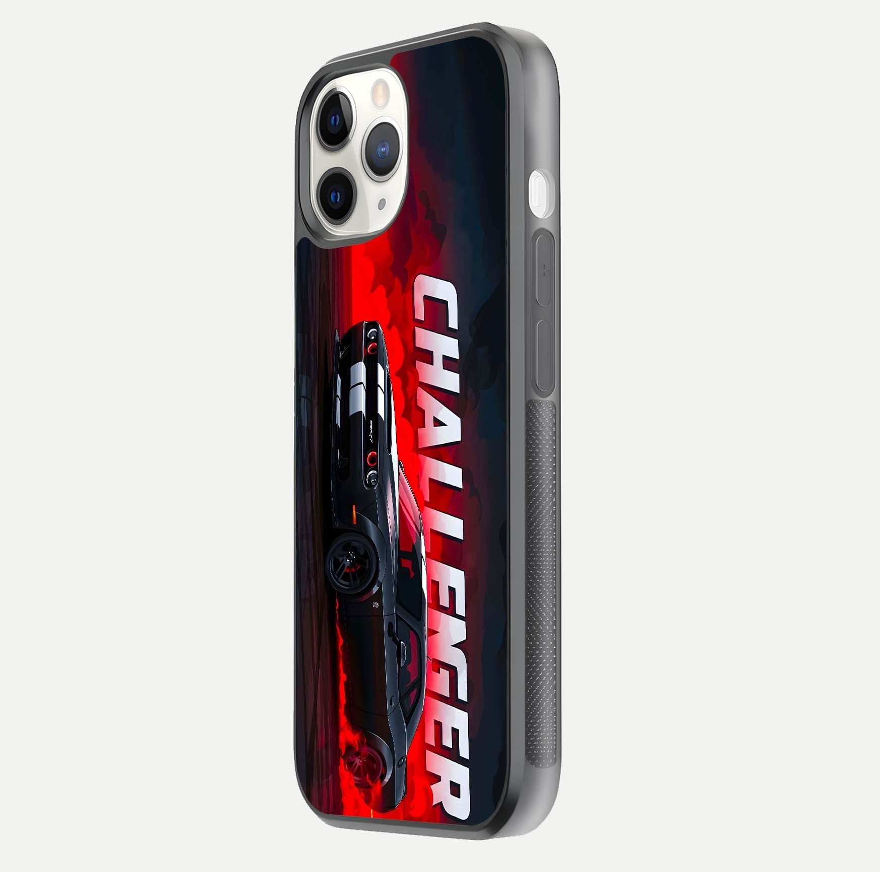 Crimson Challenger Fury Glass Case for iPhone 11 Pro side-angle image showing curve reflection and red finish