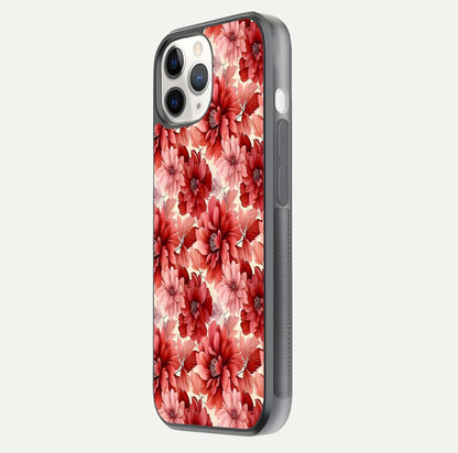 Crimson Love Petals Glass Case for iPhone 11 Pro side-angle photo showing reflection glow and edge clarity