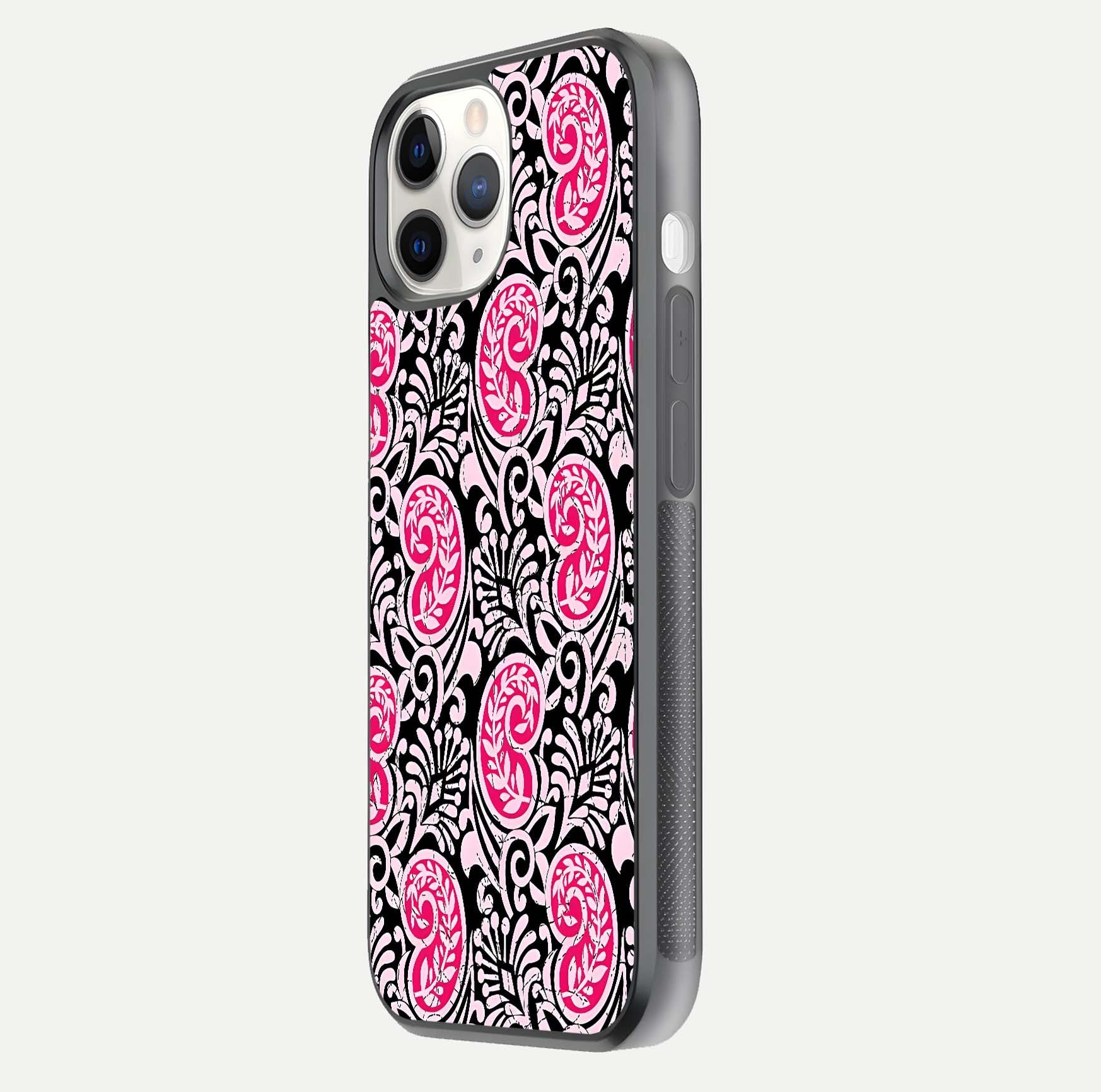 Crimson Paisley Charm Glass Case for iPhone 11 Pro side-angle image showing reflection and smooth edges