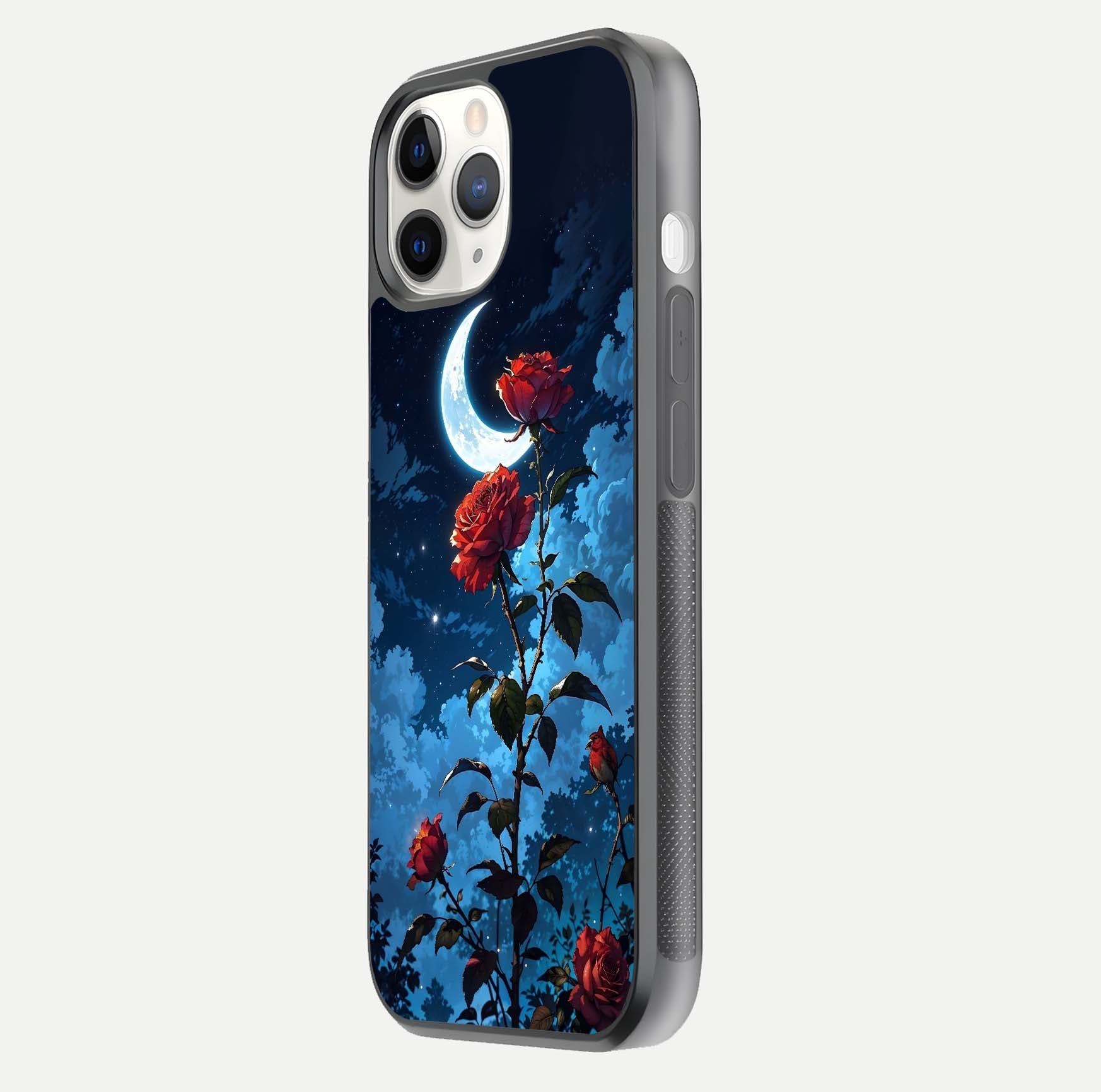 Crimson Rose Moon Glass Case for iPhone 11 Pro side-angle photo showing reflective texture and smooth curve