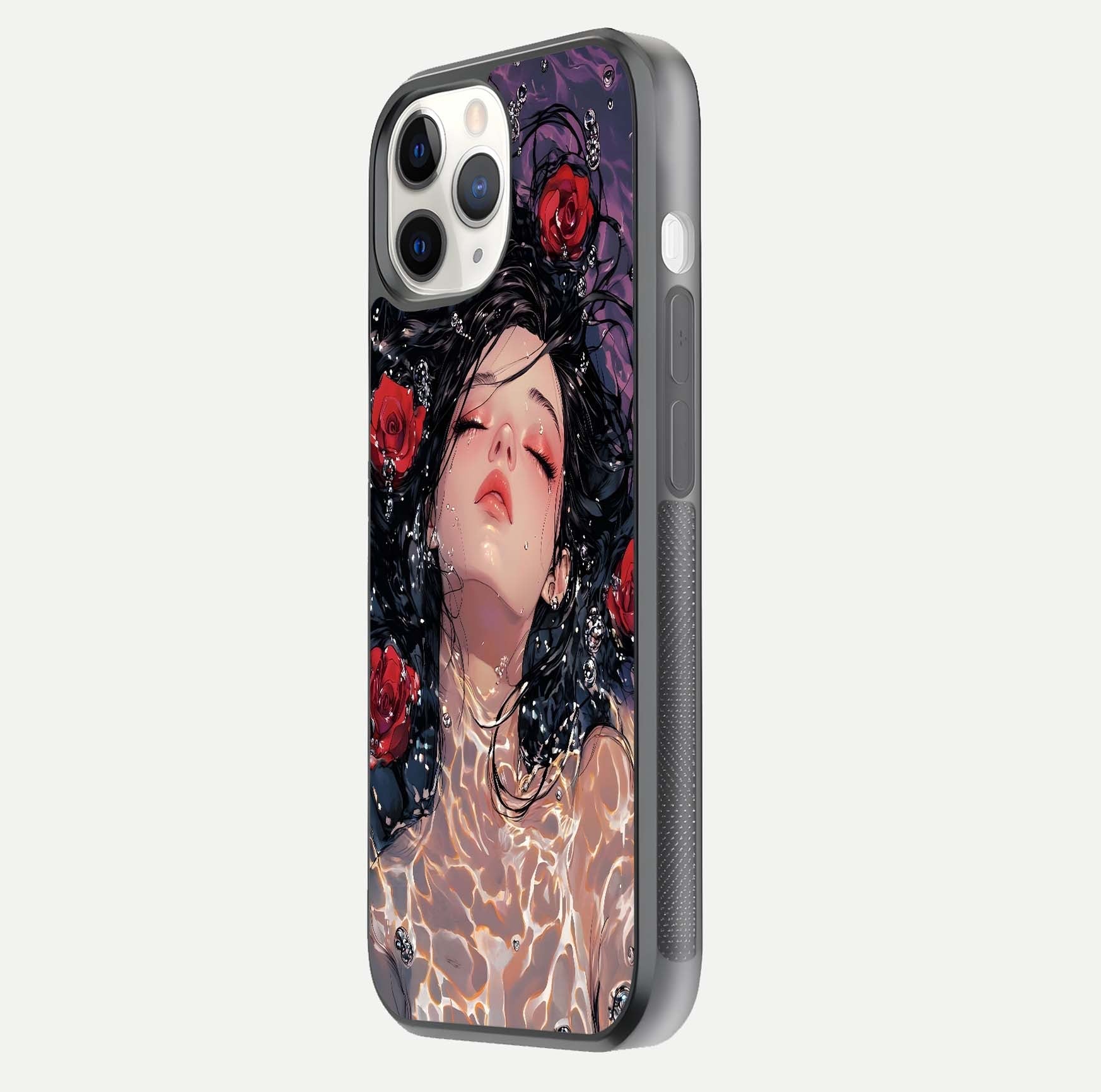 Crimson Rose Serenity Glass Case for iPhone 11 Pro side-angle photo showing glass reflection and soft edges