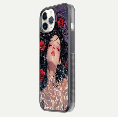 Crimson Rose Serenity Glass Case for iPhone 11 Pro side-angle photo showing glass reflection and soft edges
