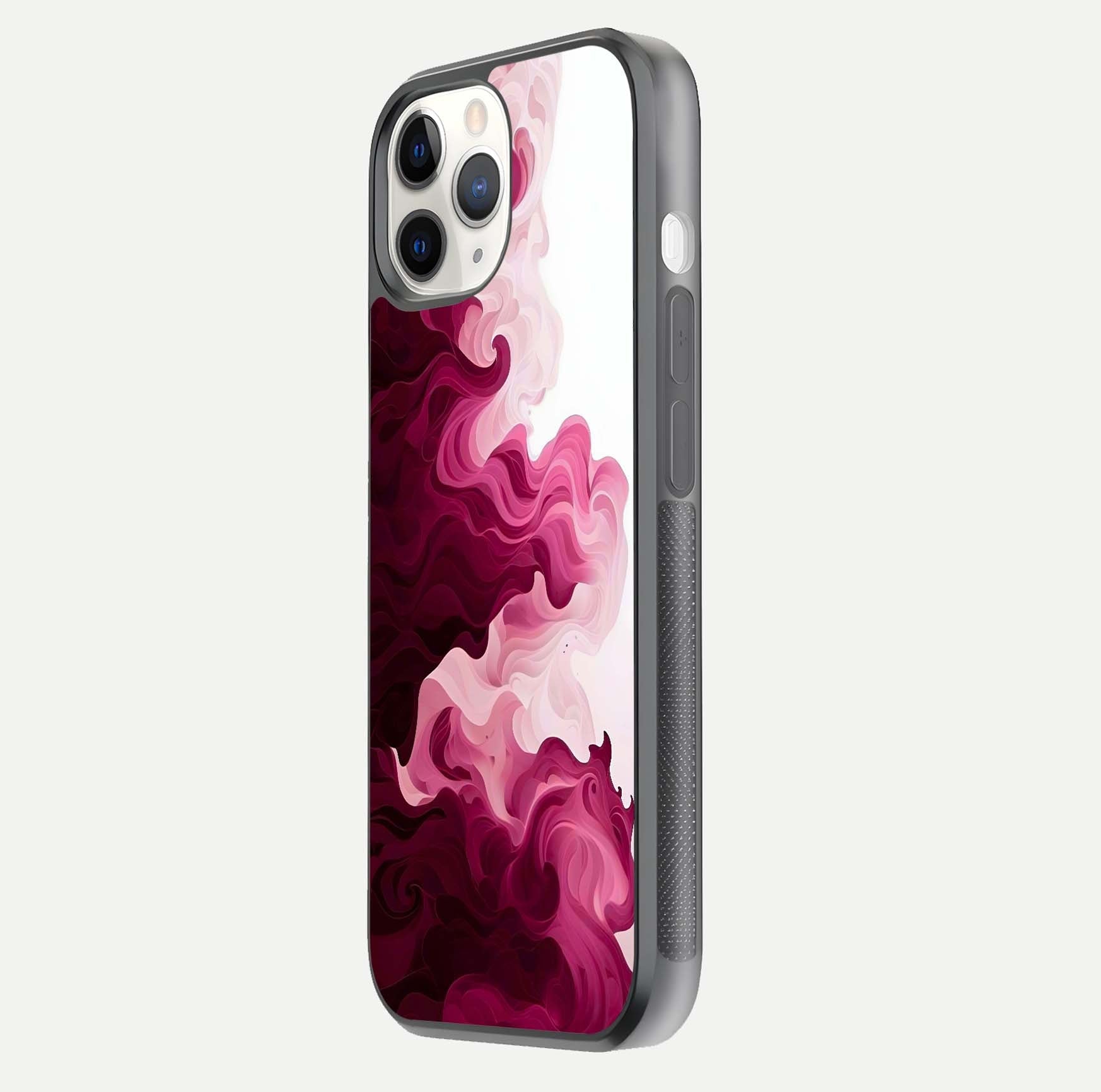 Crimson Wave Flow Glass Case for iPhone 11 Pro side-angle photo showing reflection glow and HD finish