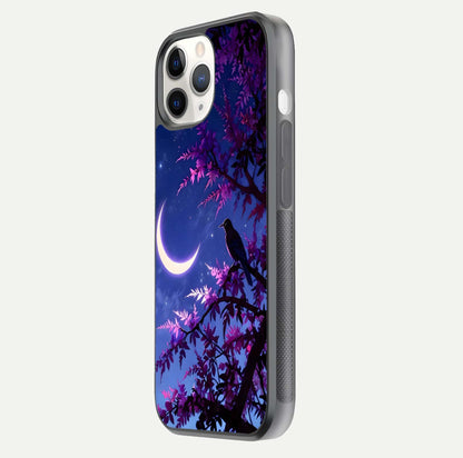 Crow & Moon Scenery Glass Case for iPhone 11 Pro side-angle photo capturing glossy shine and artistic contrast