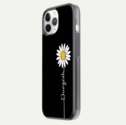 Custom Name White Flower Glass Case for iPhone 11 Pro side-angle photo showing reflection shine and name clarity