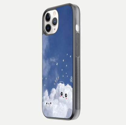 Cute Blossom Cloud Glass Case for iPhone 11 Pro side-angle image capturing gloss texture and curve reflection