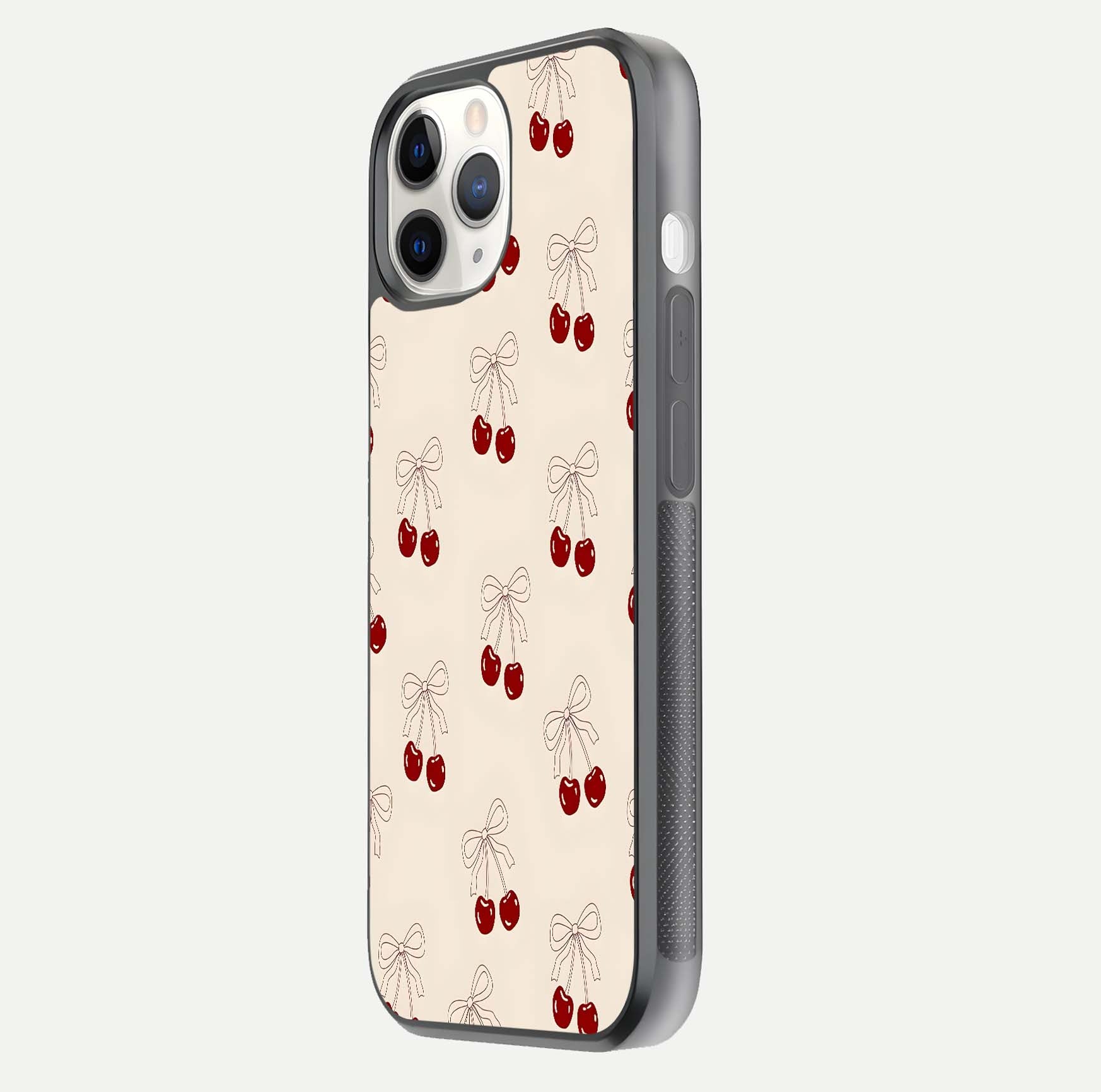 Cute Cherry Pattern Glass Case for iPhone 11 Pro side-angle photo highlighting gloss curve and pattern clarity