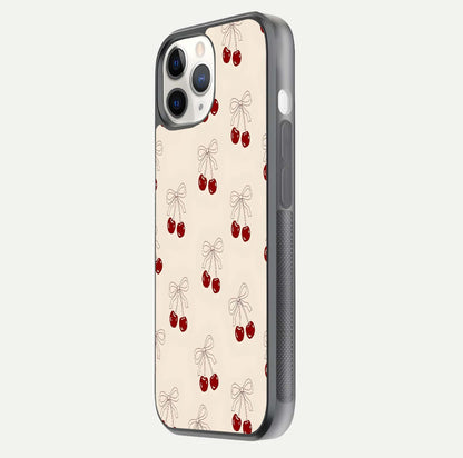 Cute Cherry Pattern Glass Case for iPhone 11 Pro side-angle photo highlighting gloss curve and pattern clarity