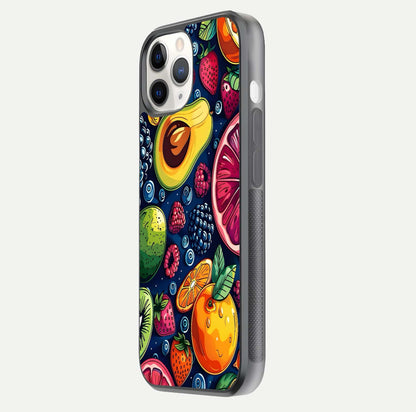 Cute Fruits Art Glass Case for iPhone 11 Pro side-angle photo showing reflective finish and smooth edges