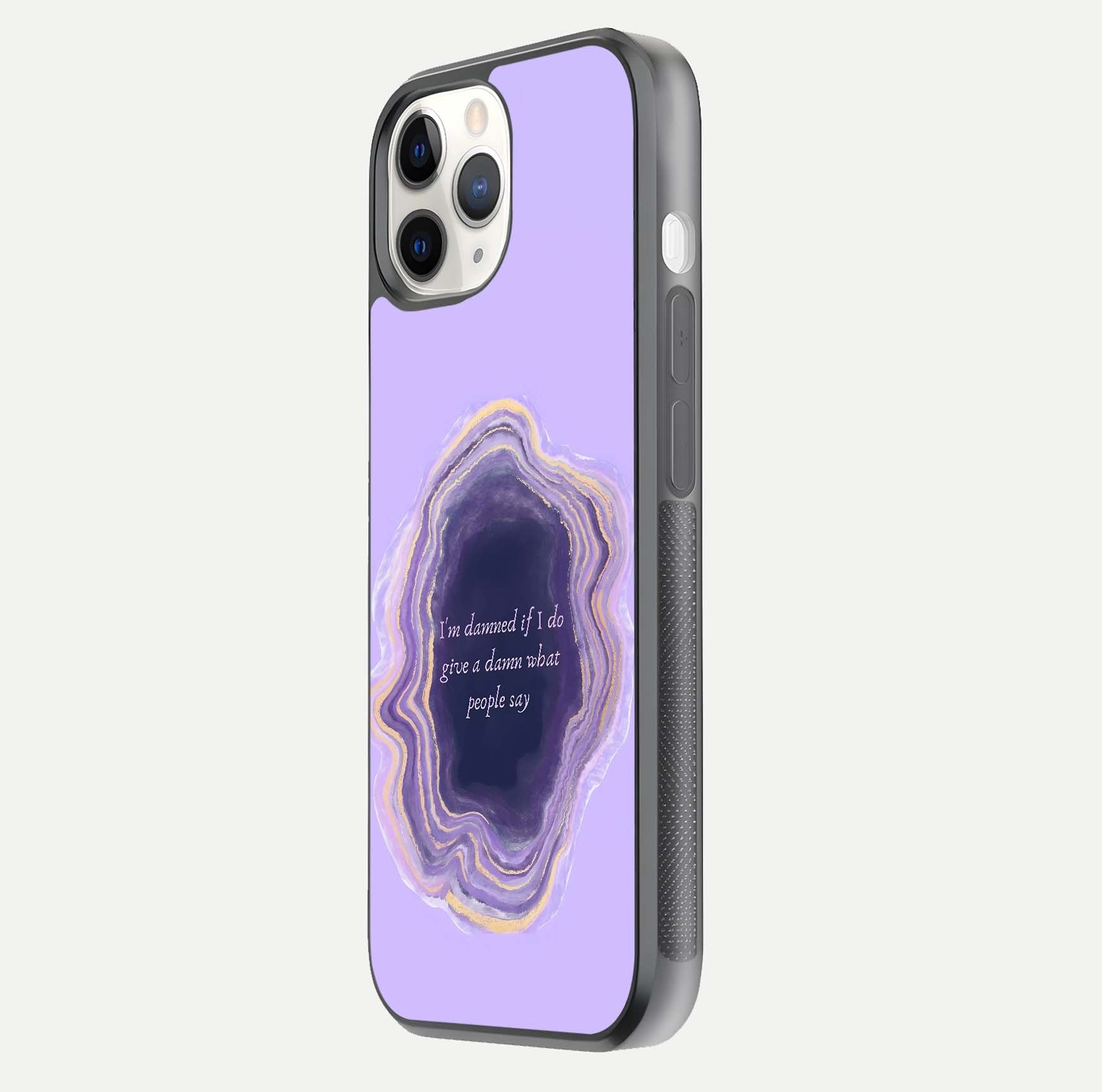 Damned People Quote Glass Case for iPhone 11 Pro side-angle image showing light shine and smooth edges
