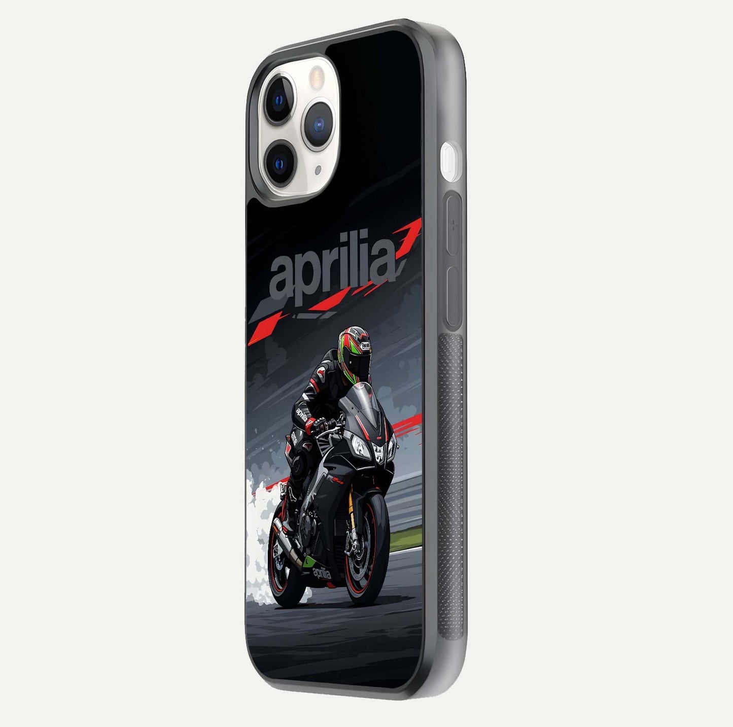 Dark Aprilla Glass Case for iPhone 11 Pro side-angle photo showing reflection gloss and curved edge finish
