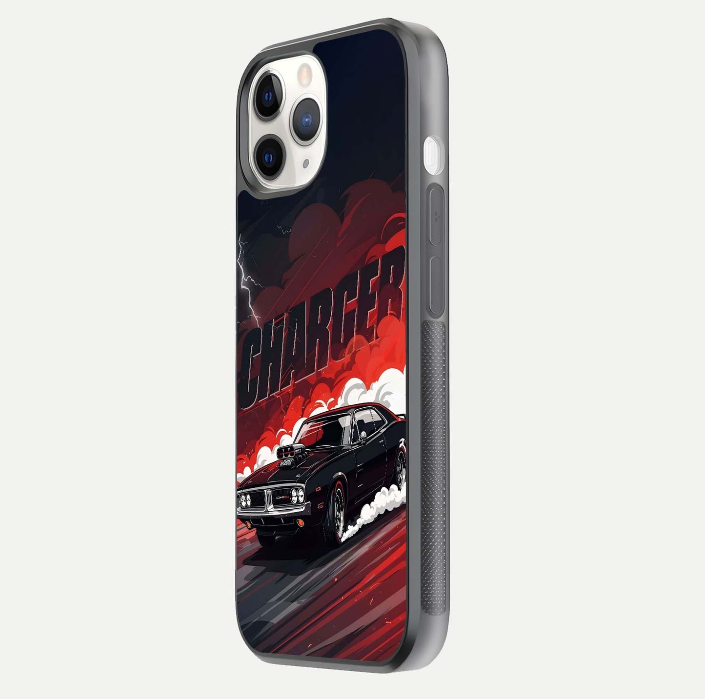 Dark Charger Fury Glass Case for iPhone 11 Pro side-angle image showing edge gloss and bold tone