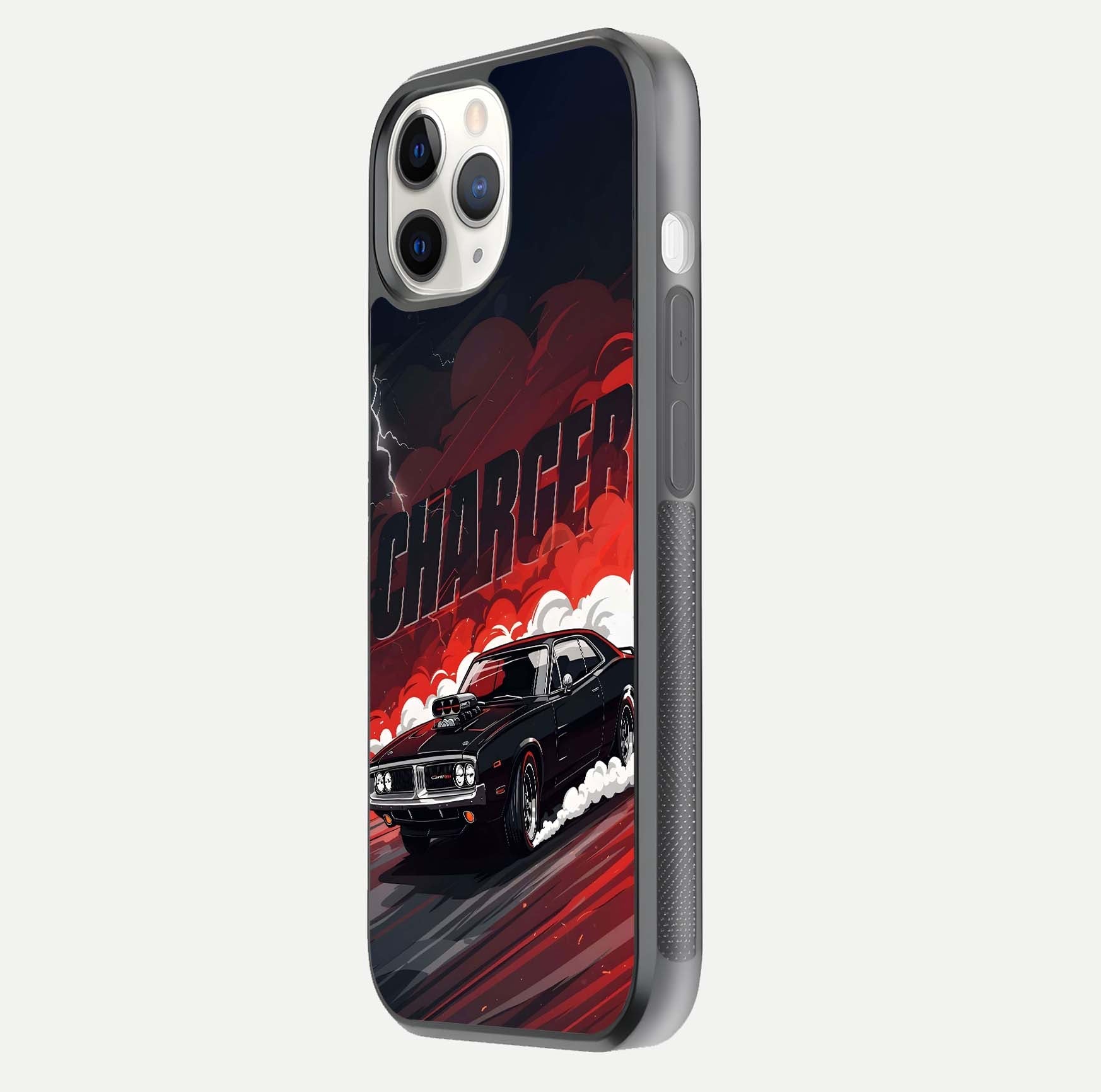 Dark Charger Fury Glass Case for iPhone 11 Pro side-angle image showing edge gloss and bold tone