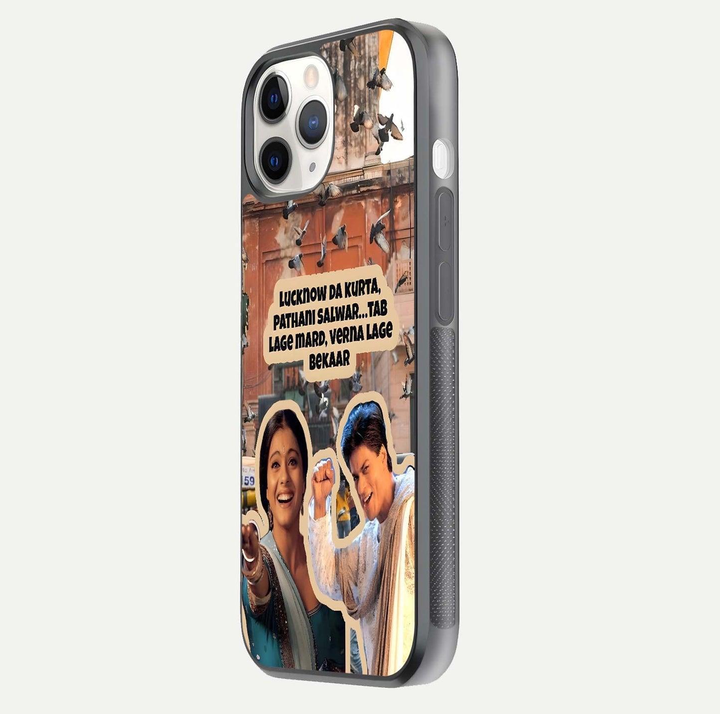 Desi Retro Vibes Glass Case for iPhone 11 Pro side-angle image displaying gloss texture and bold pattern