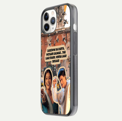 Desi Retro Vibes Glass Case for iPhone 11 Pro side-angle image displaying gloss texture and bold pattern
