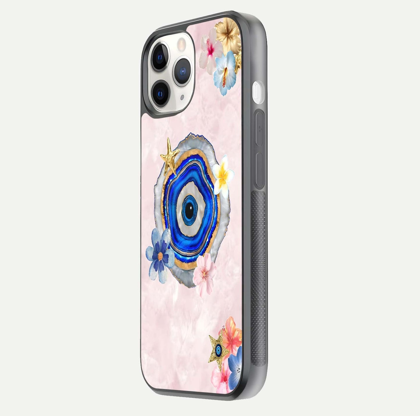 Divine Aura Bloom Glass Case for iPhone 11 Pro side-angle photo capturing reflection glow and premium polish