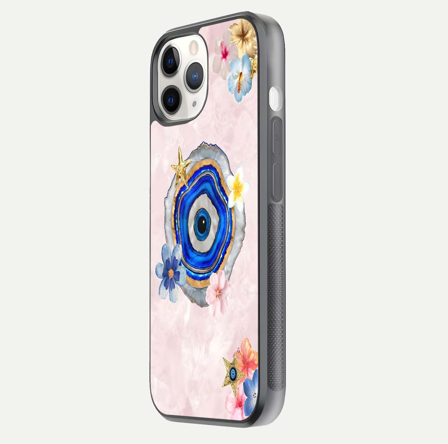 Divine Aura Bloom Glass Case for iPhone 11 Pro side-angle photo capturing reflection glow and premium polish