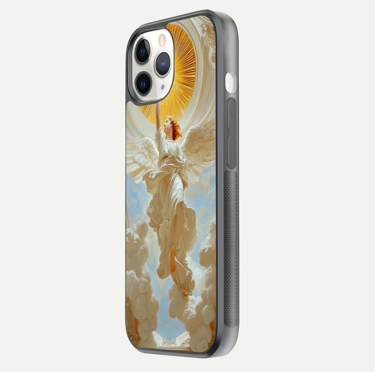 Divine Light Angel Glass Case for iPhone 11 Pro side-angle image capturing reflection shine and edge finish