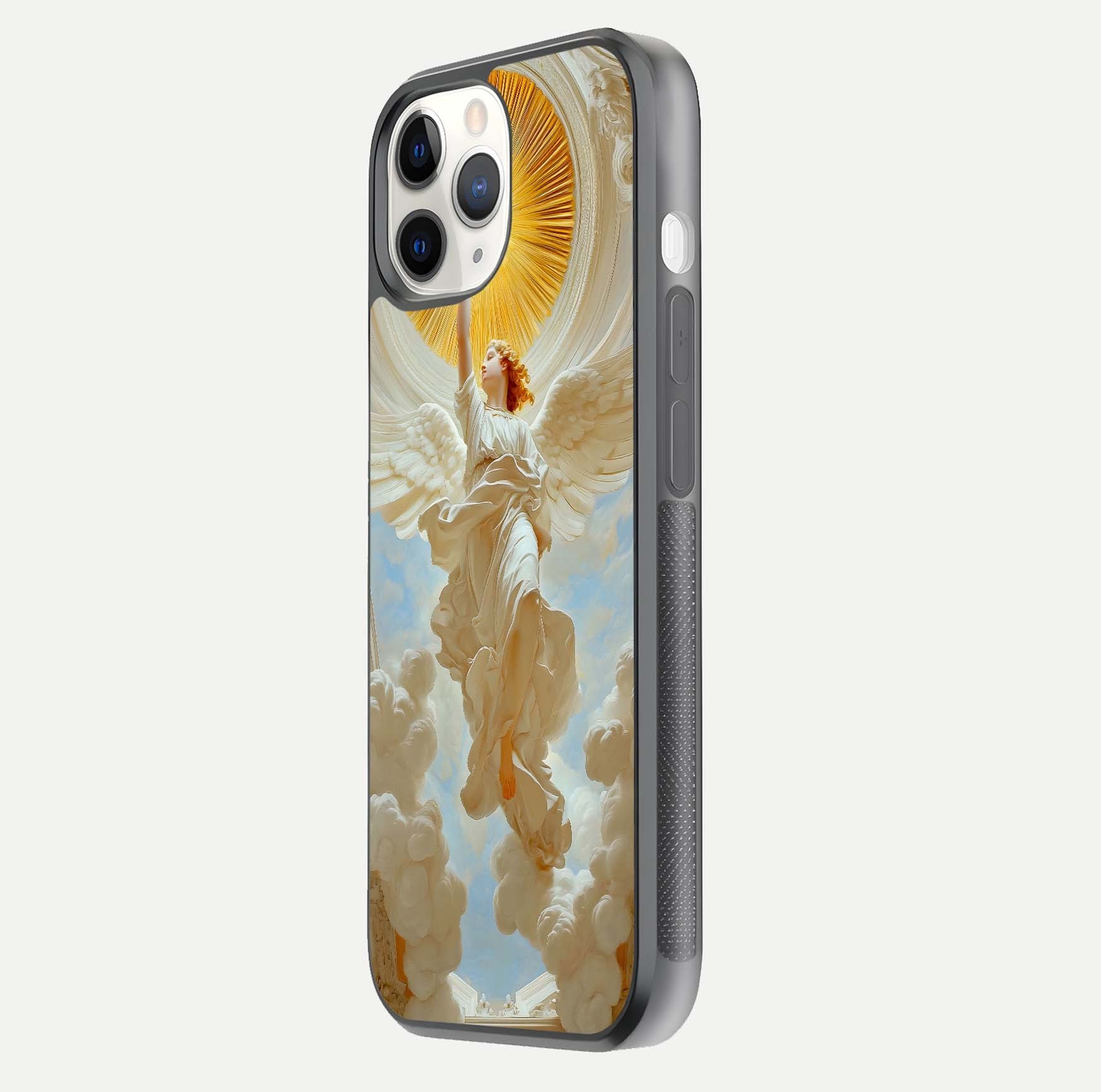 Divine Light Angel Glass Case for iPhone 11 Pro side-angle image capturing reflection shine and edge finish