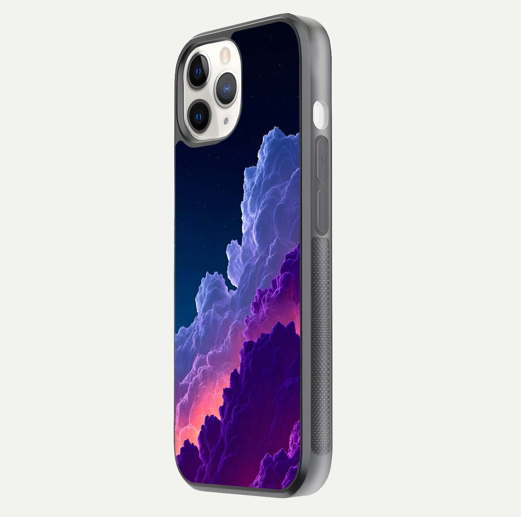 Dreamy Cloud Skies Glass Case for iPhone 11 Pro side-angle image showing reflection clarity and polish
