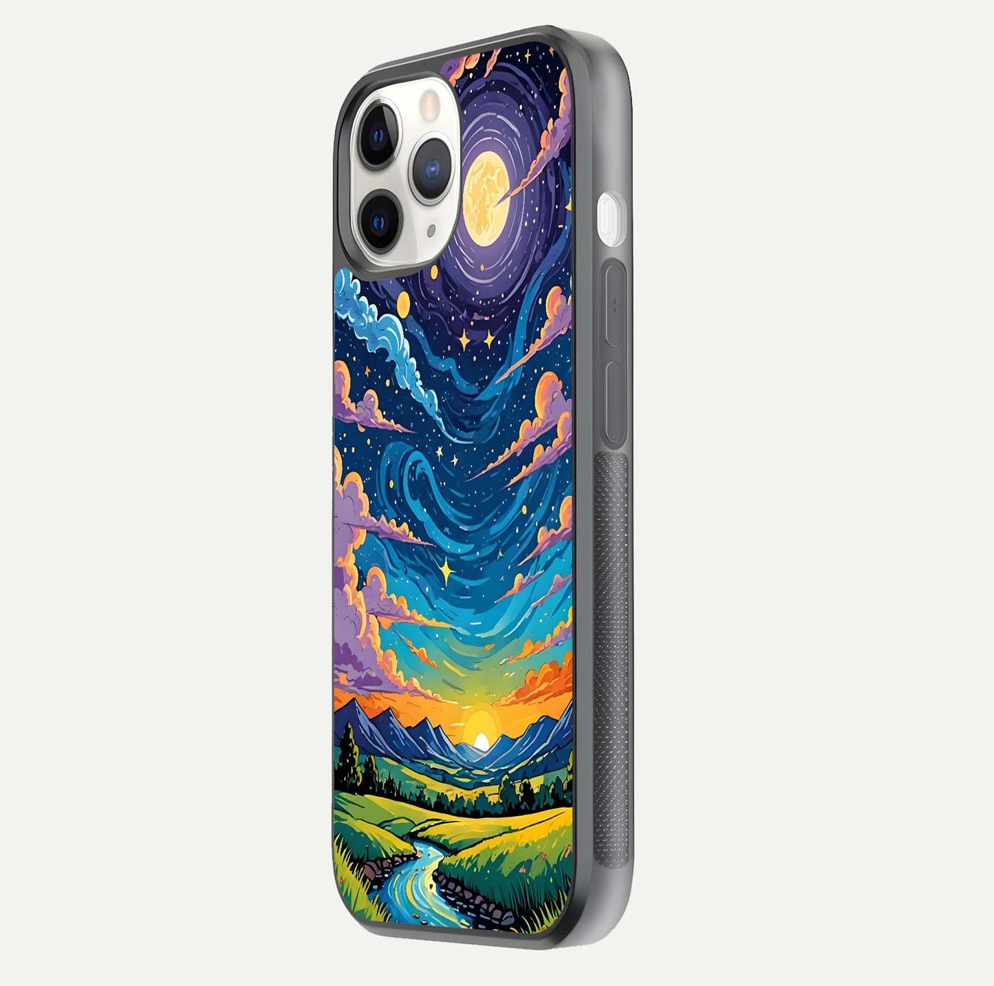 Dreamy Night Landscape Glass Case for iPhone 11 Pro side-angle photo capturing reflection glow and edge detail
