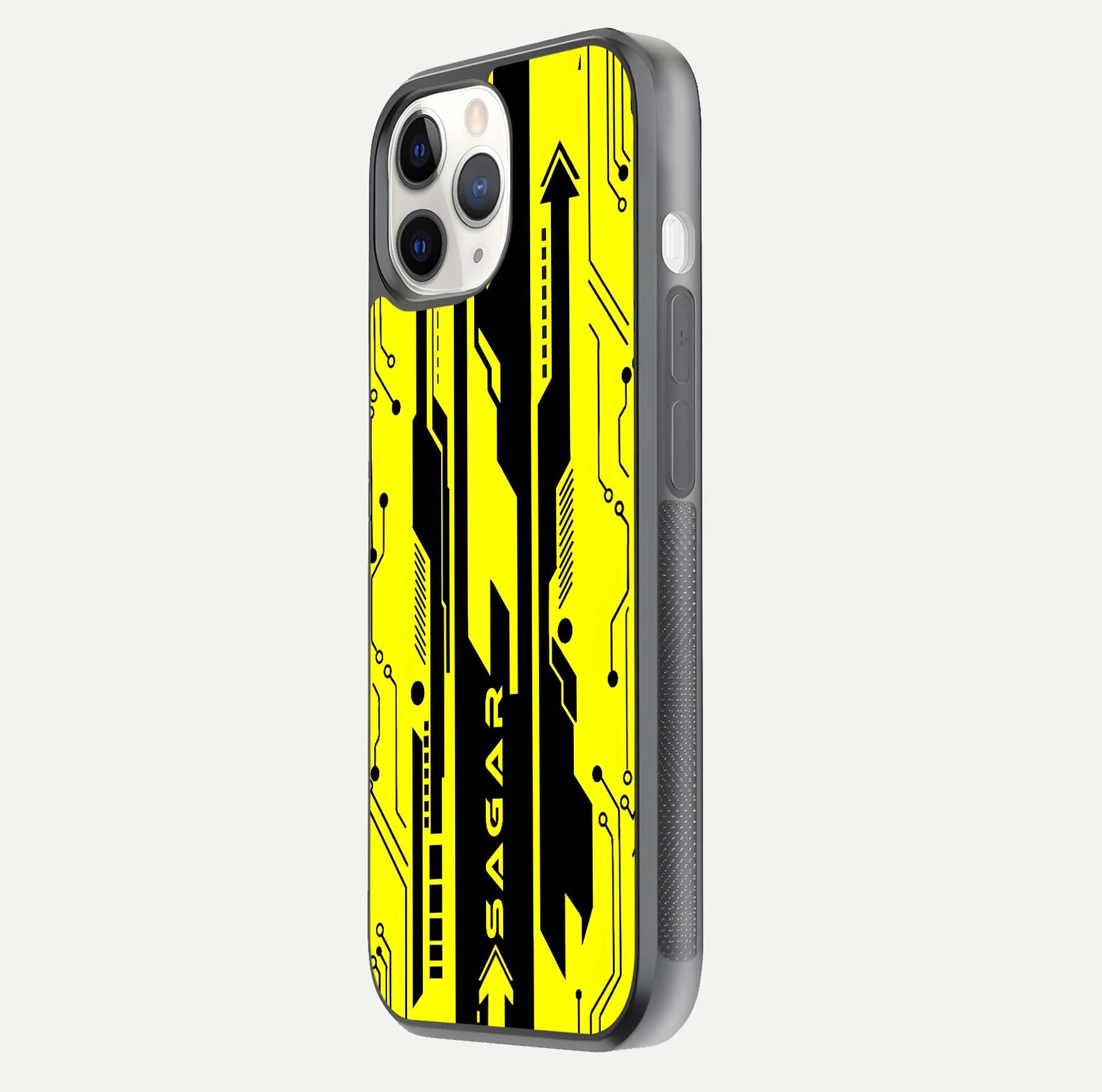 Electric Pulse CYBERPUNK Custom Name Glass Case for iPhone 11 Pro side-angle image showing glossy reflection and edge illumination