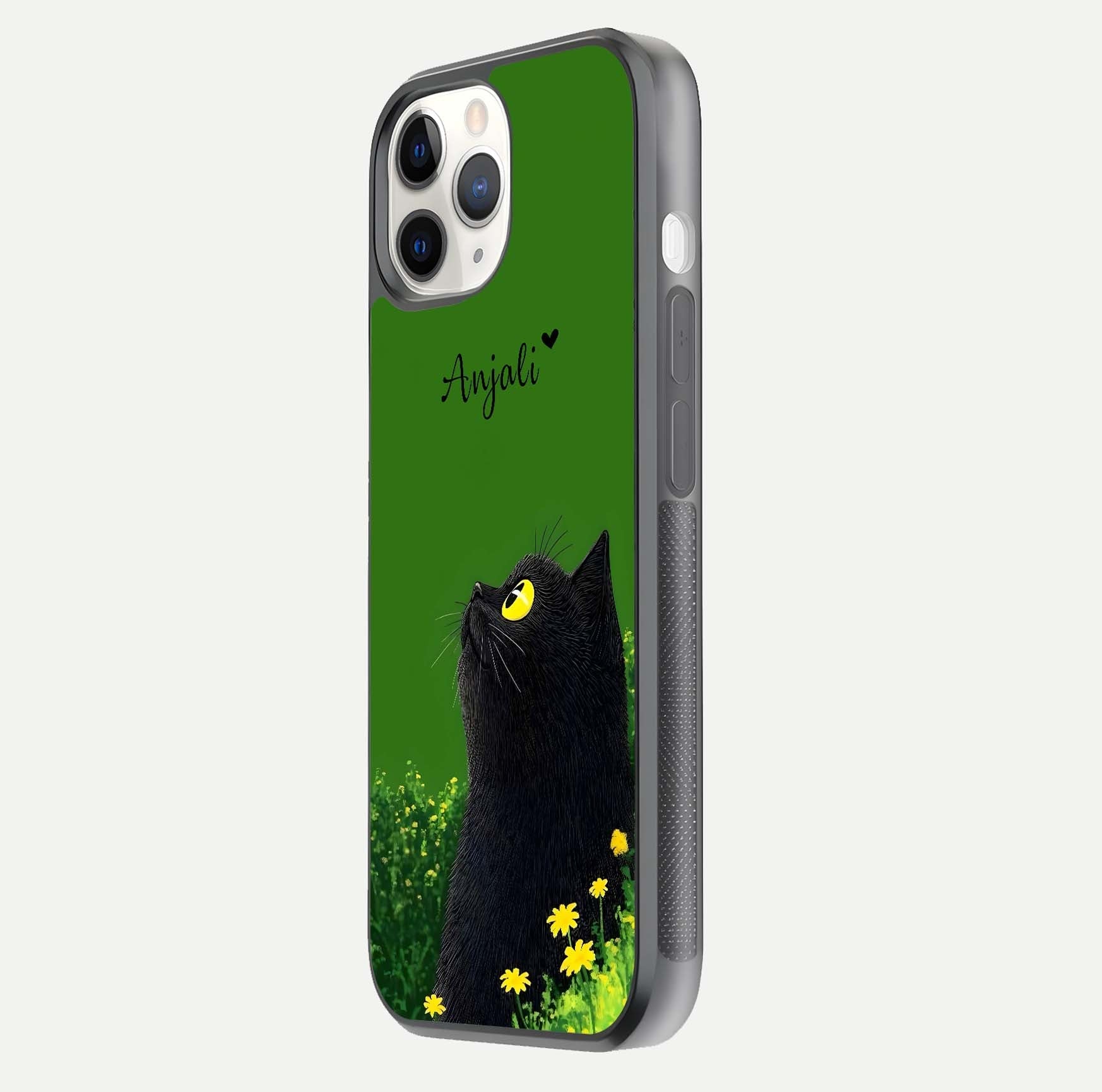 Emerald Cat Custom Name Glass Case for iPhone 11 Pro side-angle photo showing name clarity and glass reflection