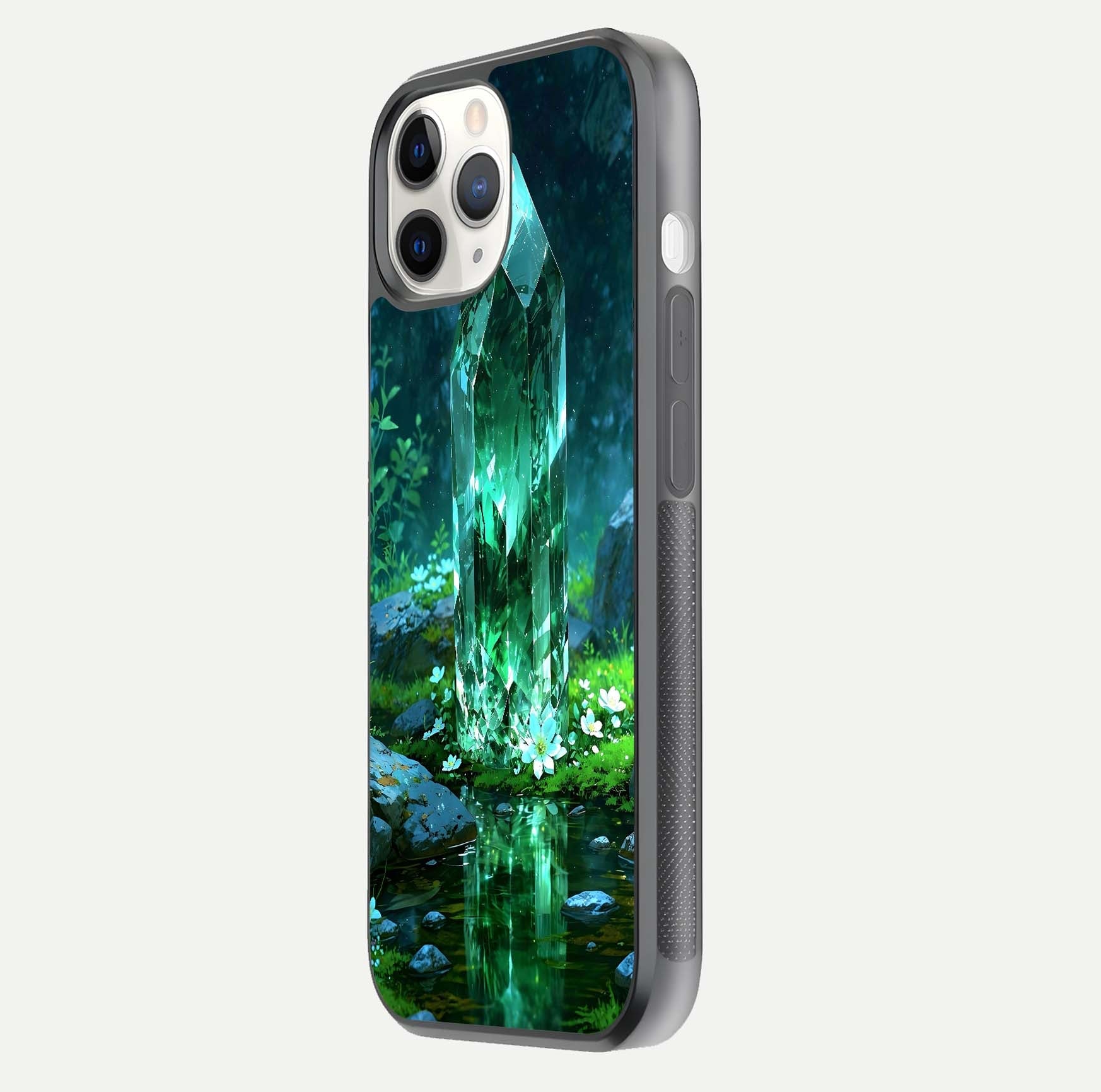Emerald Light Crystal Glass Case for iPhone 11 Pro side-angle image showing gloss reflection and curved border