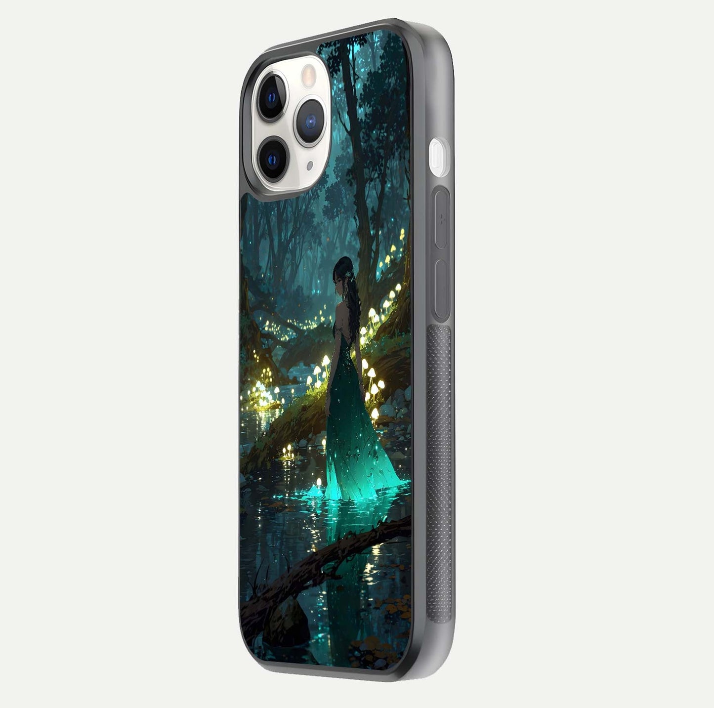 Enchanted Forest Glow Glass Case for iPhone 11 Pro side-angle image capturing shine reflection and rich detail