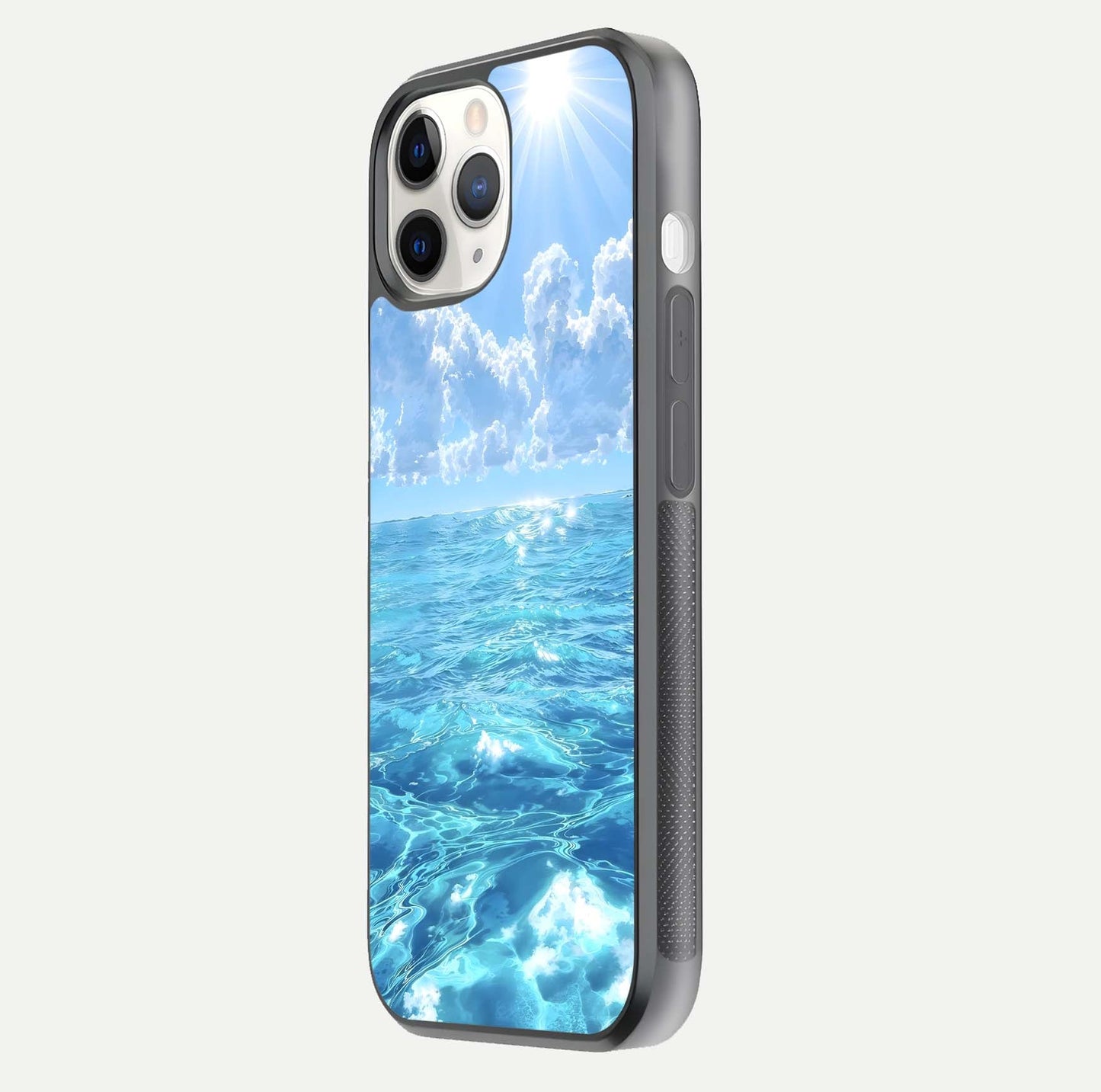 Endless Ocean Horizon Glass Case for iPhone 11 Pro side-angle photo showing reflection glow and wave tone