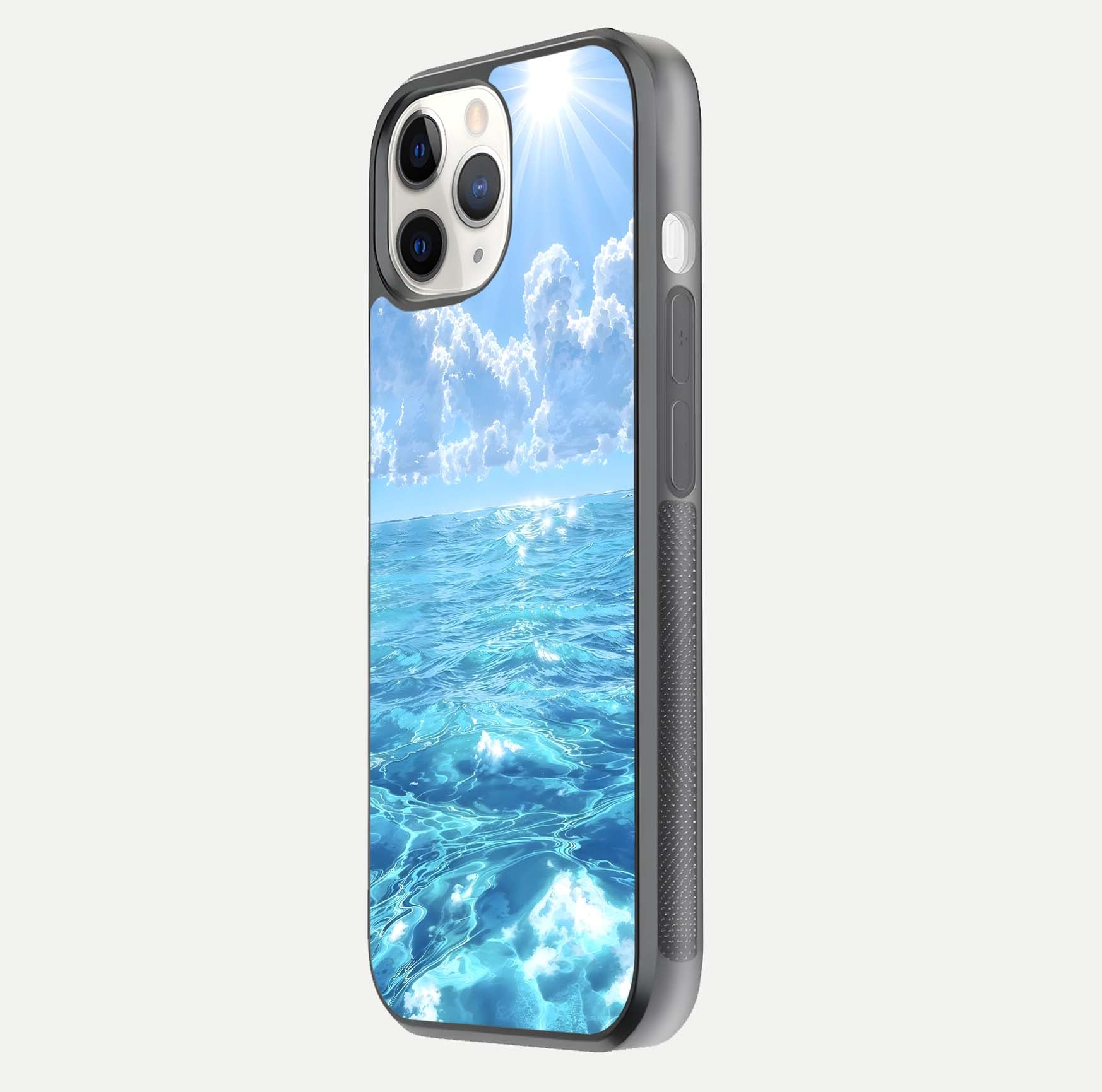 Endless Ocean Horizon Glass Case for iPhone 11 Pro side-angle photo showing reflection glow and wave tone