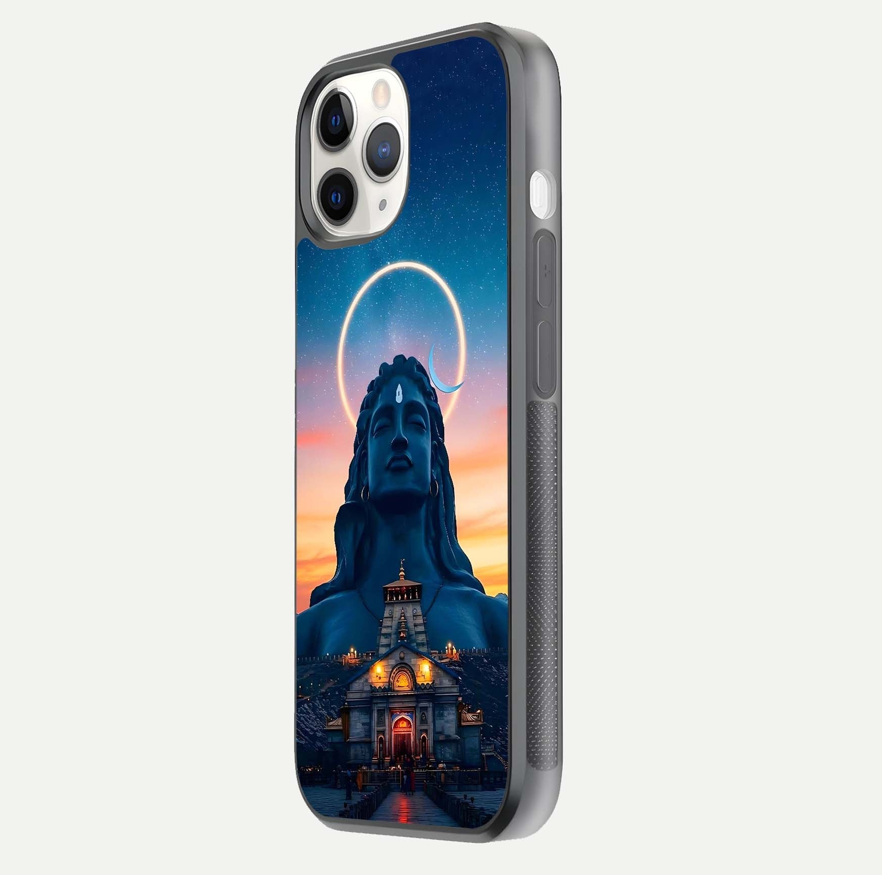 Eternal Shiva Aura Glass Case for iPhone 11 Pro side-angle image showing reflection clarity and rich tone