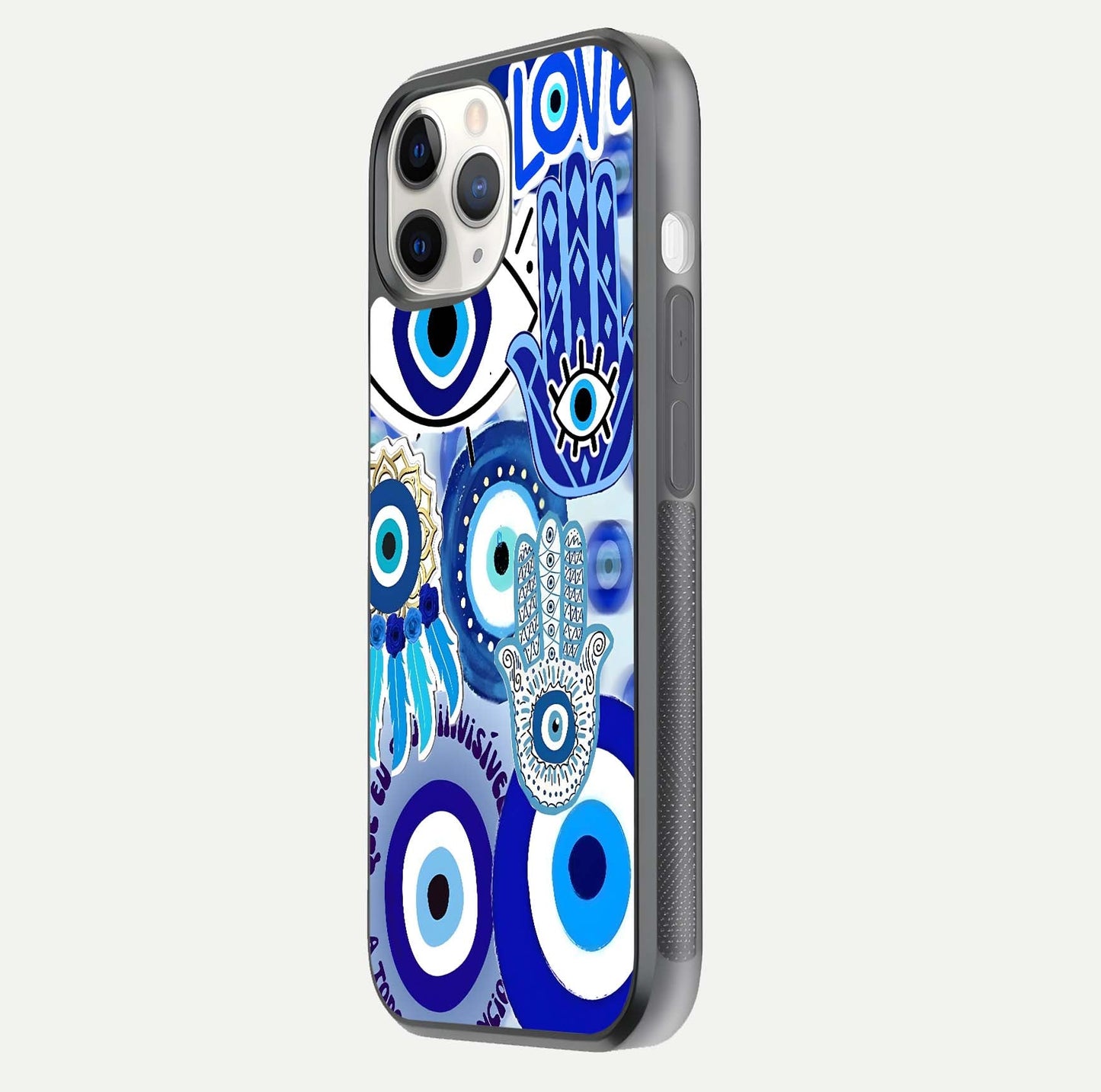 Evil Eyes Dream Glass Case for iPhone 11 Pro side-angle photo capturing smooth edges and reflective texture