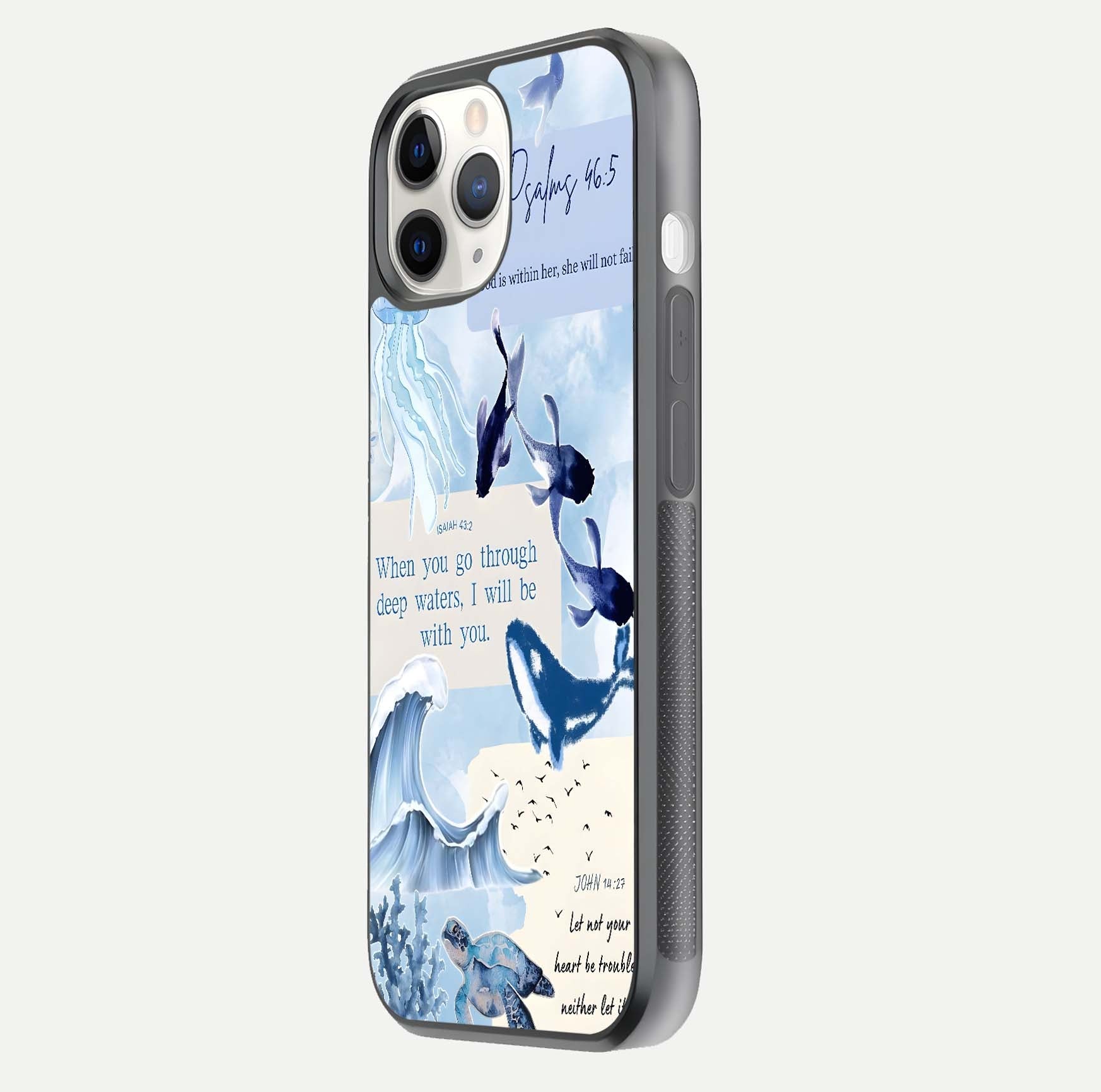 Faithful Ocean Promise Glass Case for iPhone 11 Pro side-angle photo showing reflection glow and color clarity